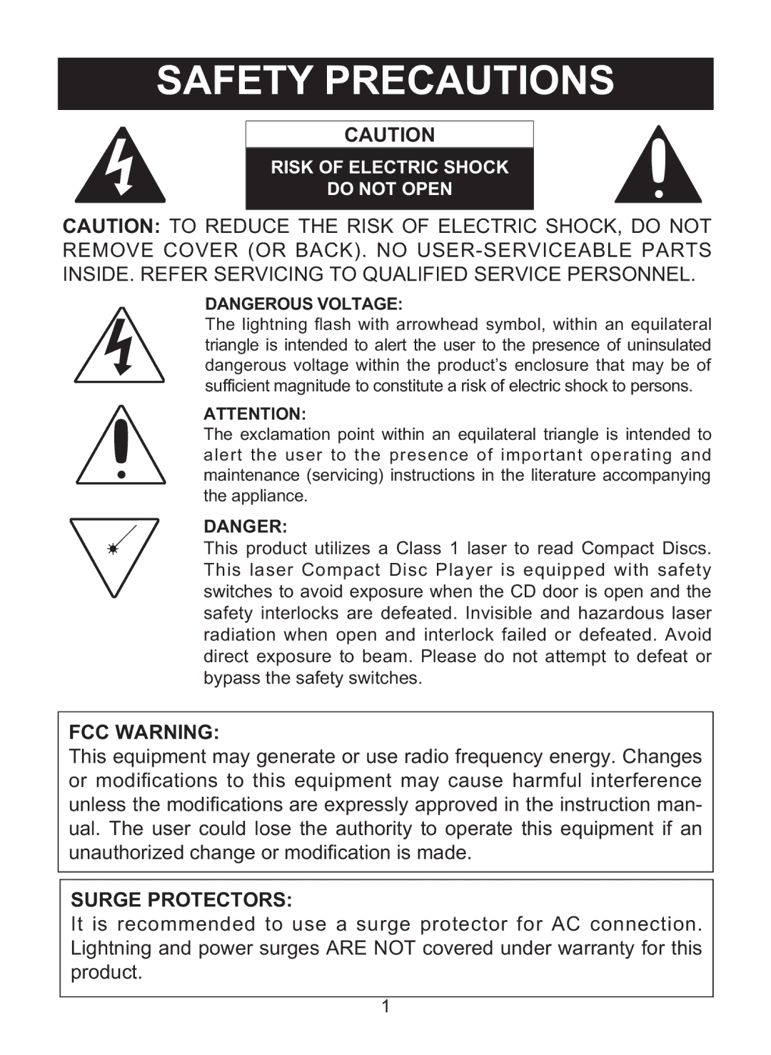 Memorex MD6460 manual FCC Warning, Surge Protectors 