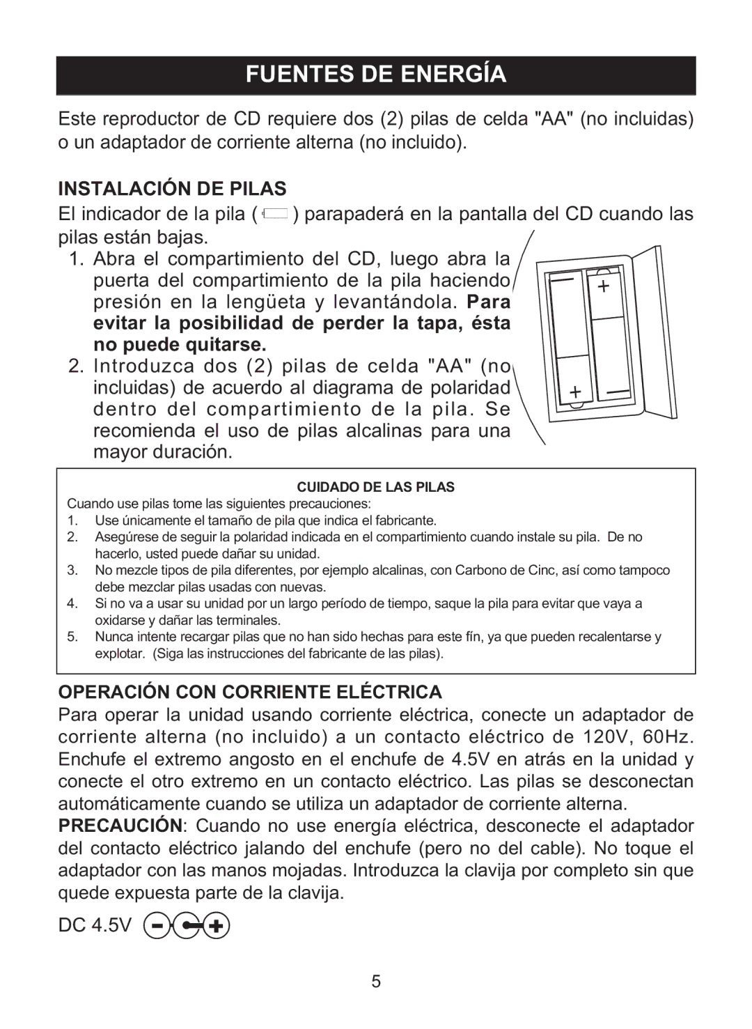 Memorex MD6460 manual Fuentes DE Energía, Instalación DE Pilas, Operación CON Corriente Eléctrica 