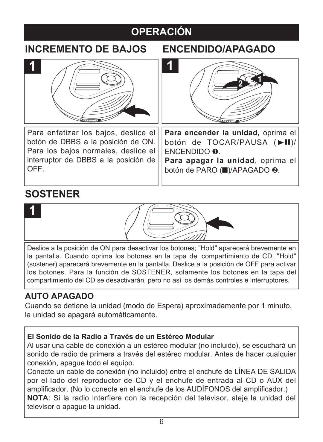 Memorex MD6460 manual Operación, Incremento DE Bajos ENCENDIDO/APAGADO, Sostener, Auto Apagado 