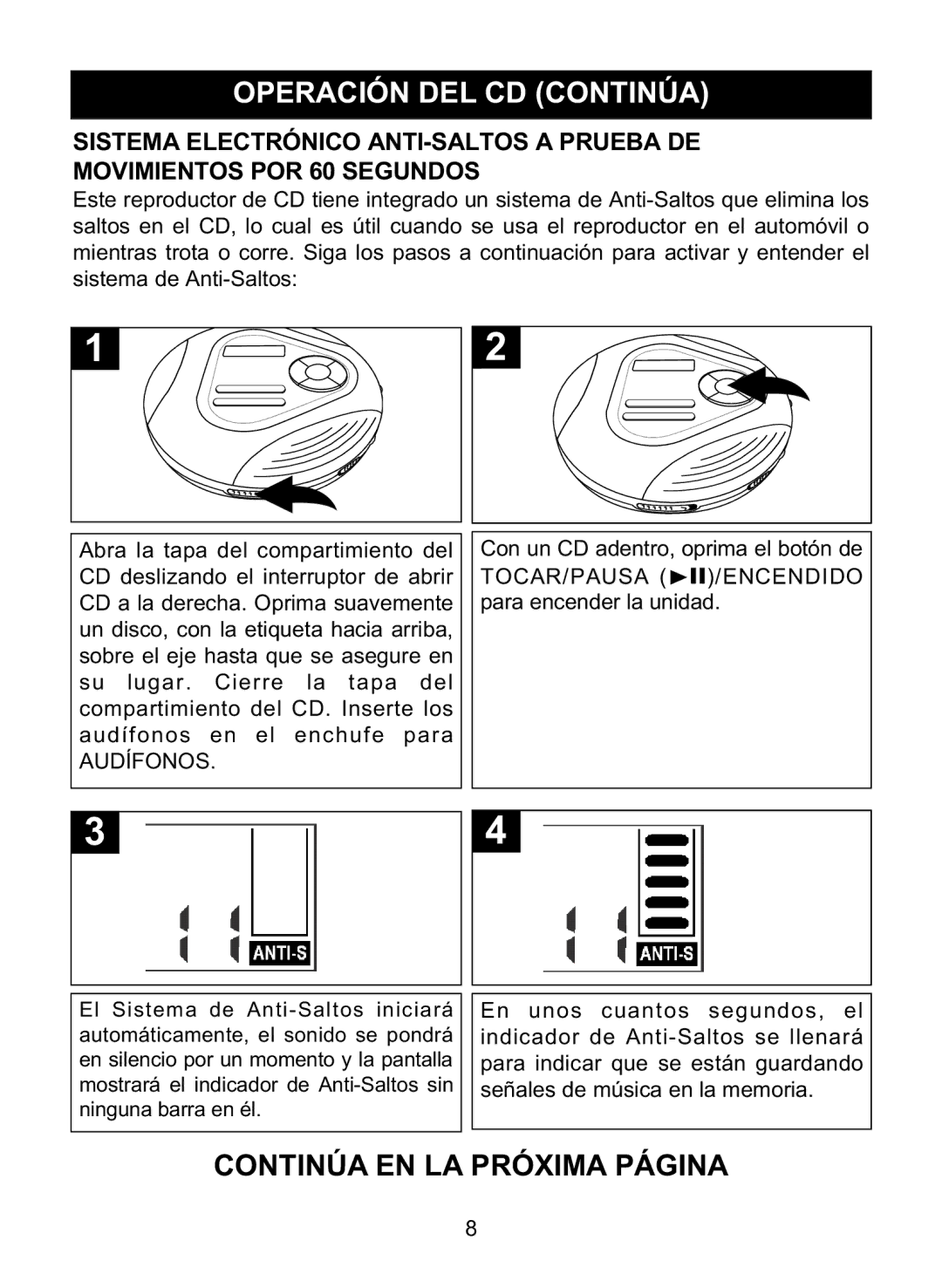 Memorex MD6460 manual Operación DEL CD Continúa, Continúa EN LA Próxima Página, Audífonos 