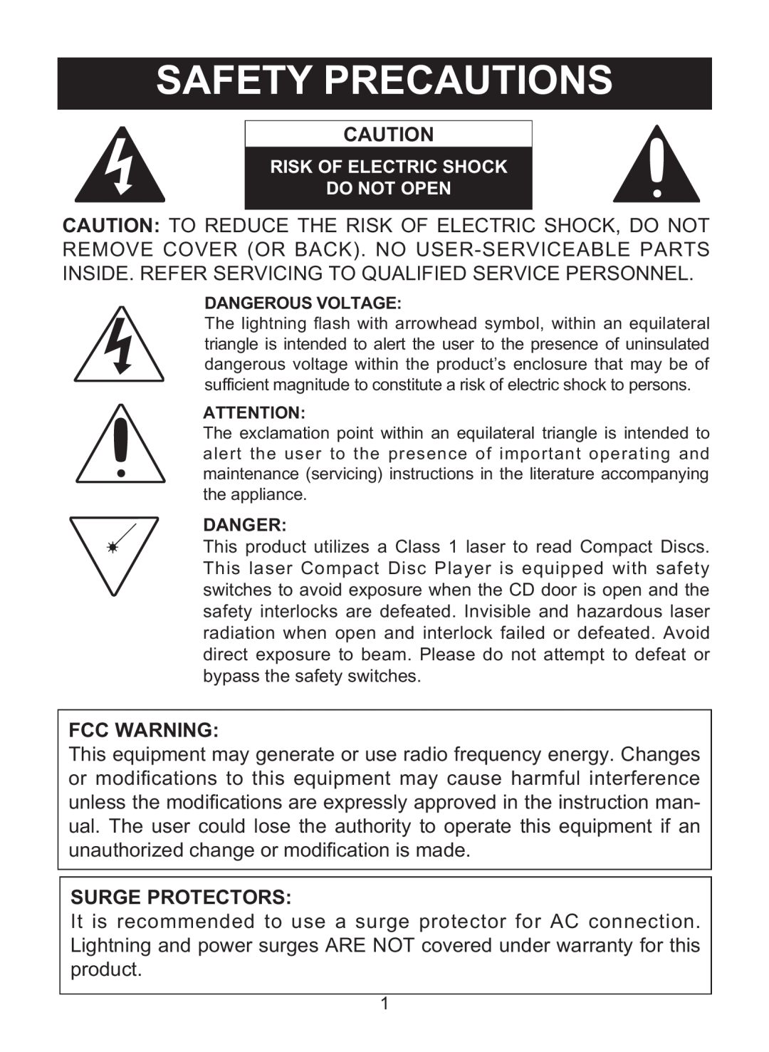 Memorex MD6460 manual Safety Precautions, Fcc Warning, Surge Protectors 