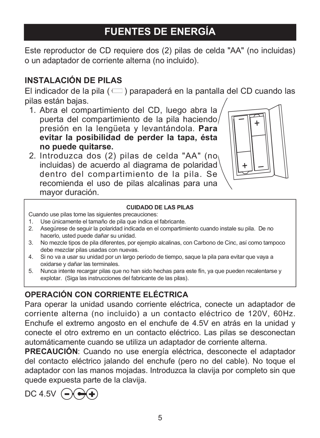 Memorex MD6460 manual Fuentes De Energía 