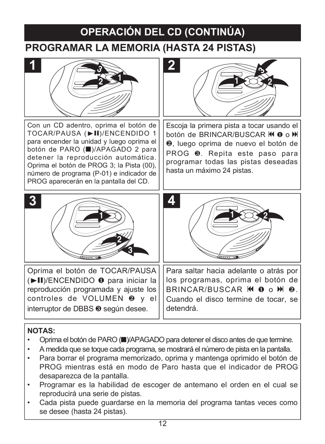 Memorex MD6460 manual PROGRAMAR LA MEMORIA HASTA 24 PISTAS, Operación Del Cd Continúa, Notas 