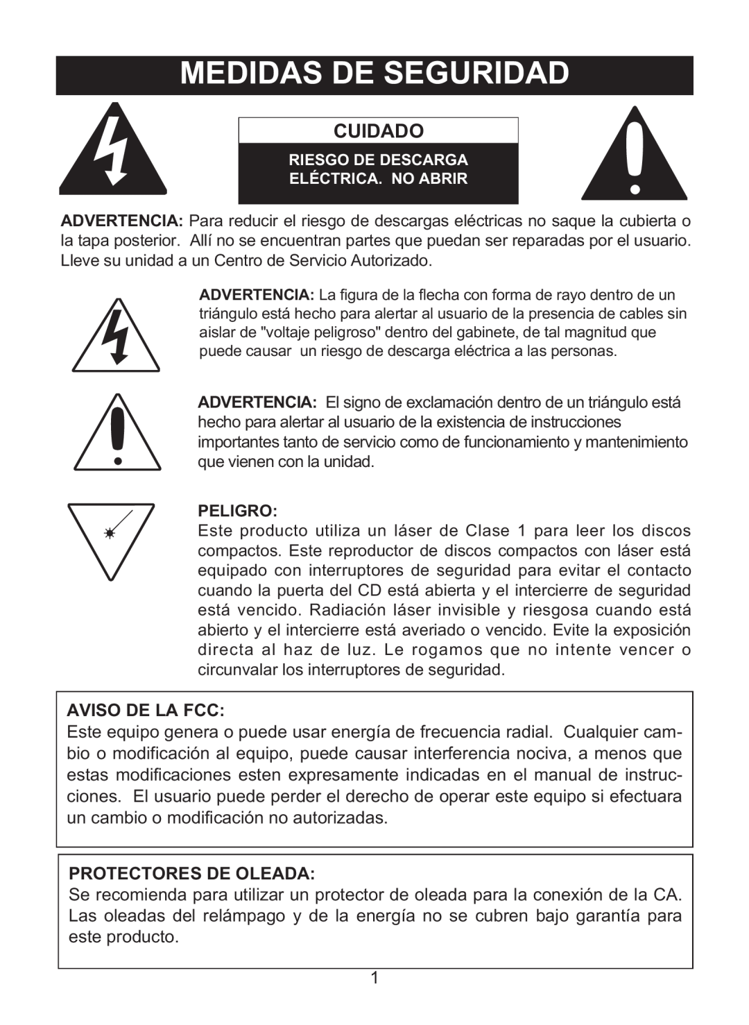 Memorex MD6460 manual Medidas De Seguridad, Cuidado, Aviso De La Fcc, Protectores De Oleada 