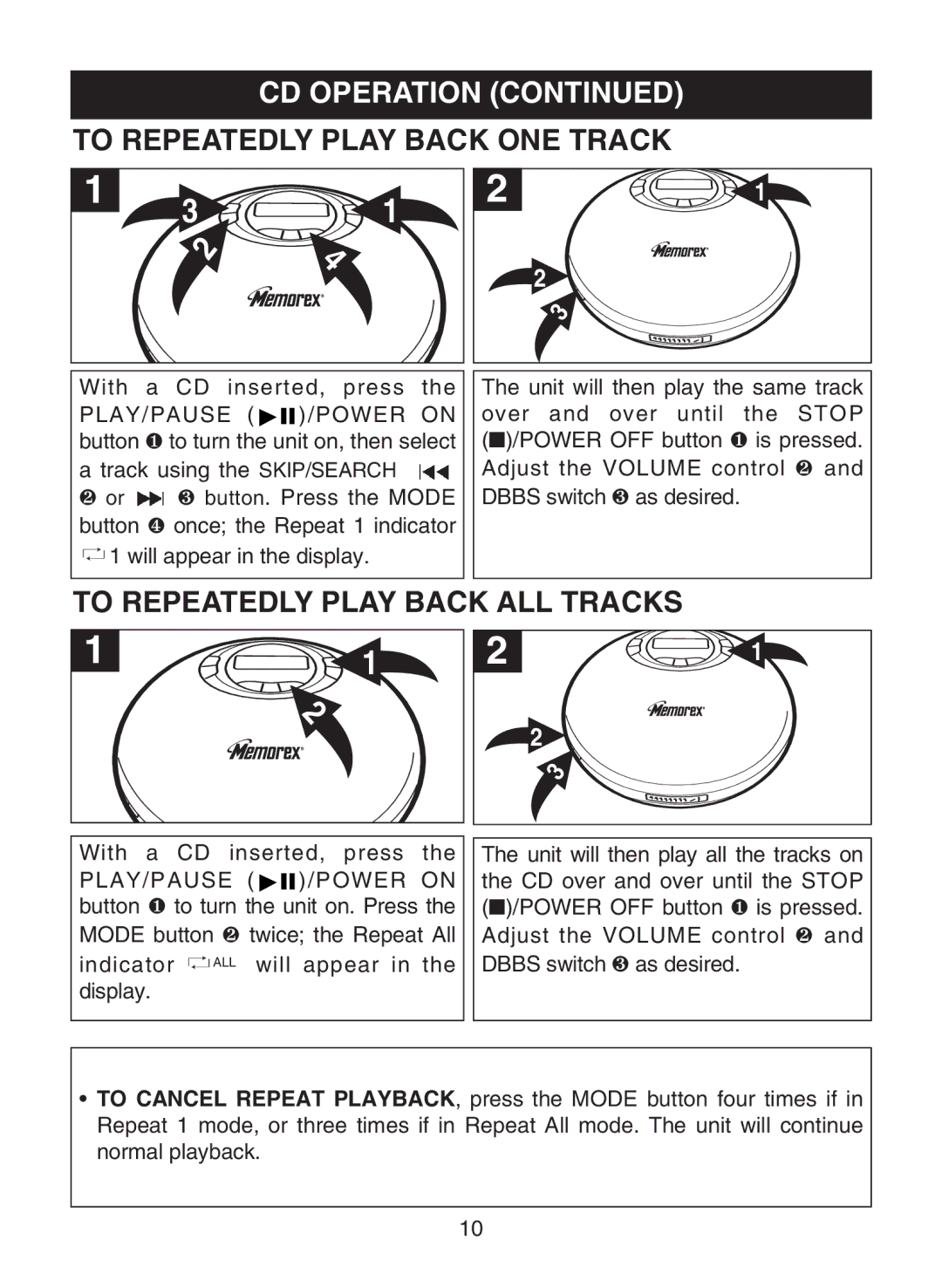 Memorex MD6483 manual To Repeatedly Play Back ONE Track, To Repeatedly Play Back ALL Tracks 