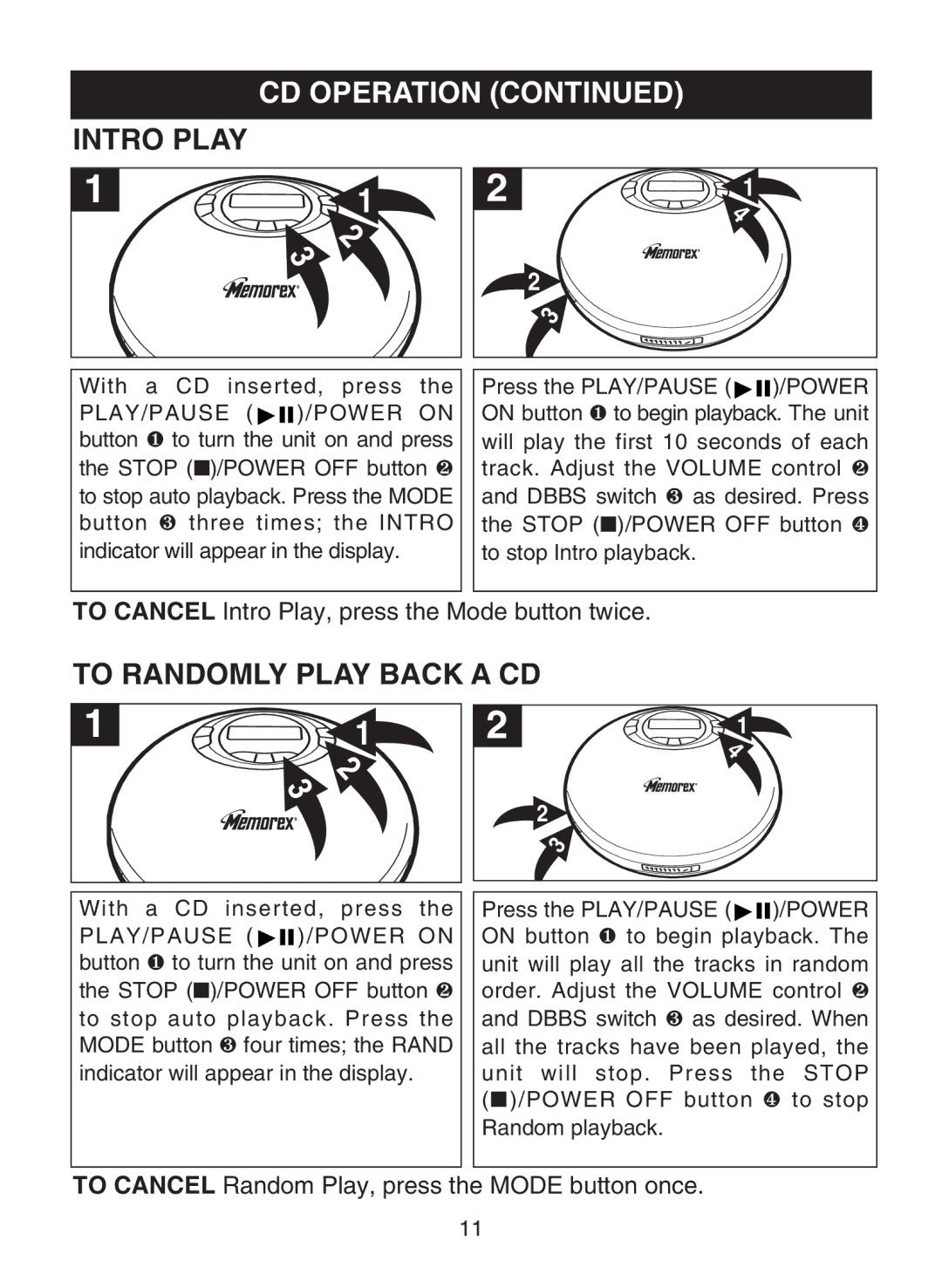 Memorex MD6483 manual Intro Play, To Randomly Play Back a CD 