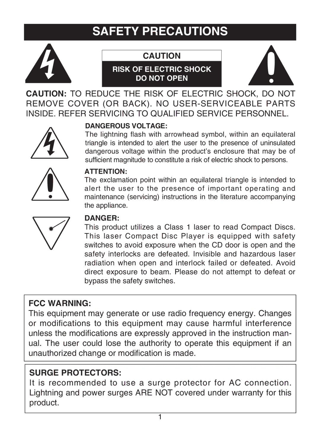 Memorex MD6483 manual FCC Warning, Surge Protectors 