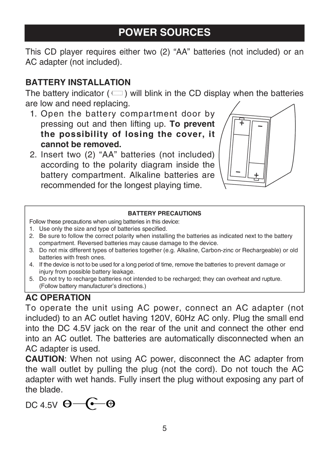 Memorex MD6483 manual Power Sources, Battery Installation, AC Operation 