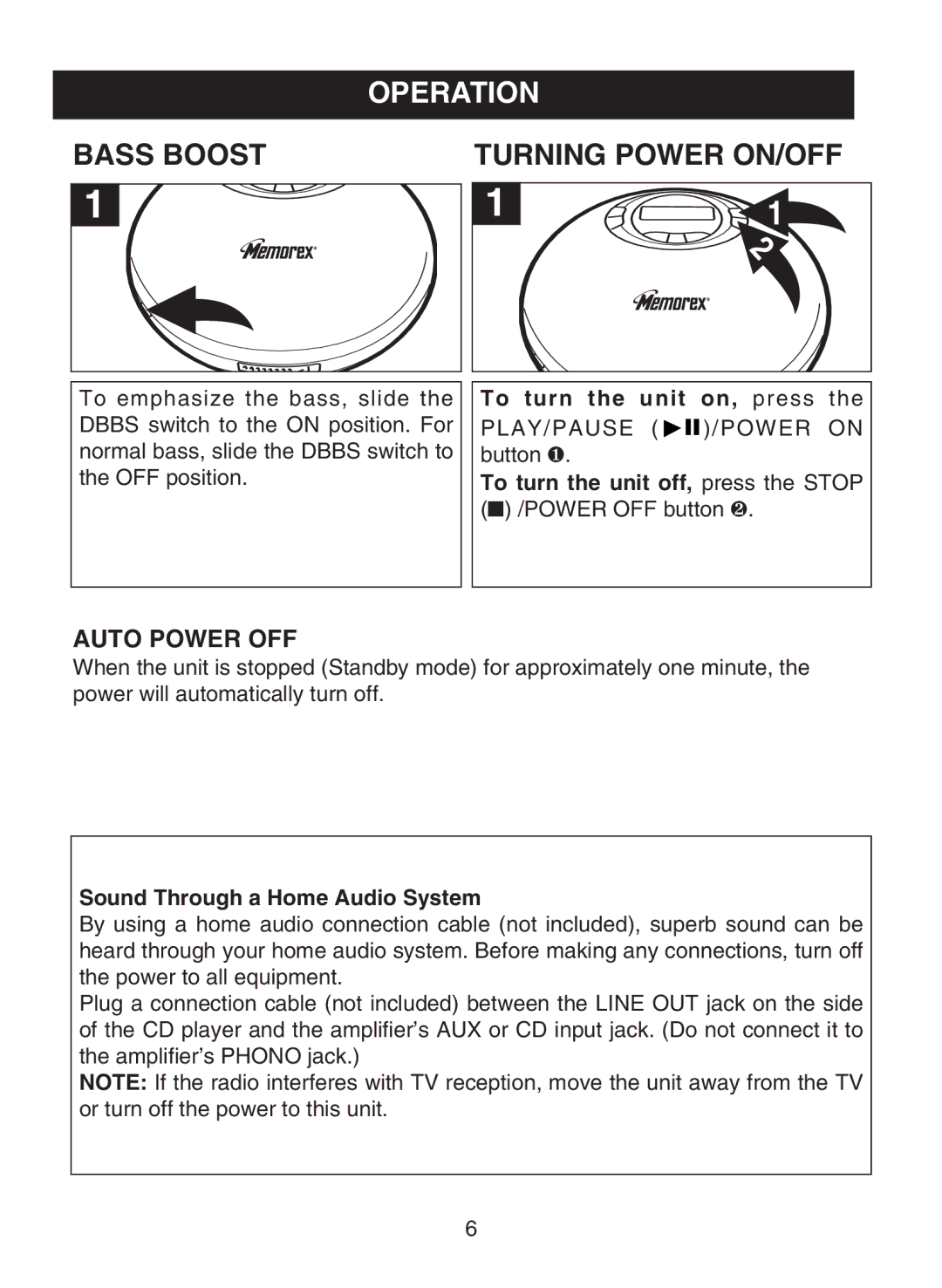 Memorex MD6483 manual Operation, Bass Boost, Auto Power OFF 