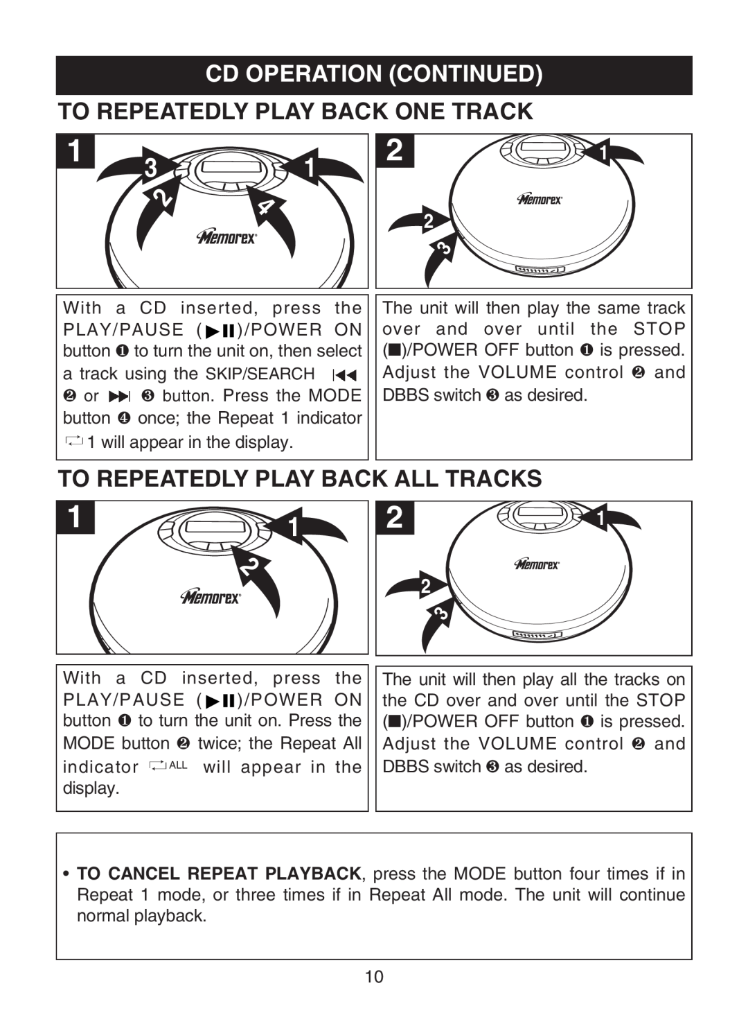 Memorex MD6483 manual To Repeatedly Play Back One Track, To Repeatedly Play Back All Tracks, Cd Operation Continued 