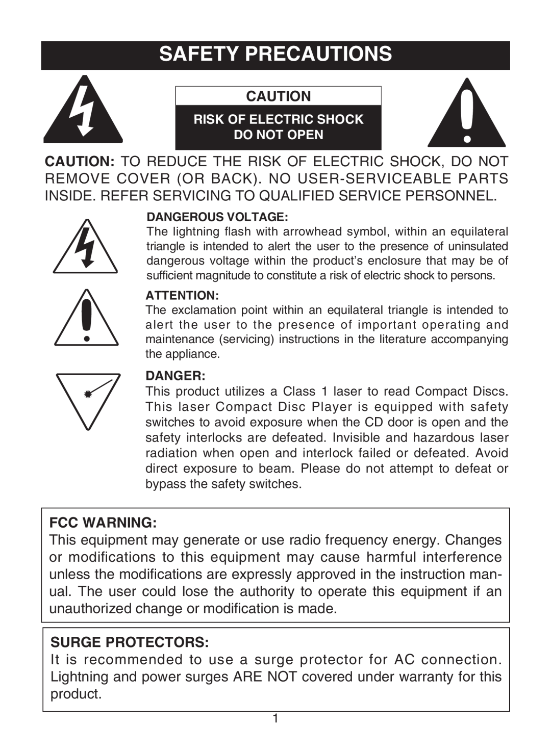 Memorex MD6483 manual Safety Precautions, Fcc Warning, Surge Protectors 