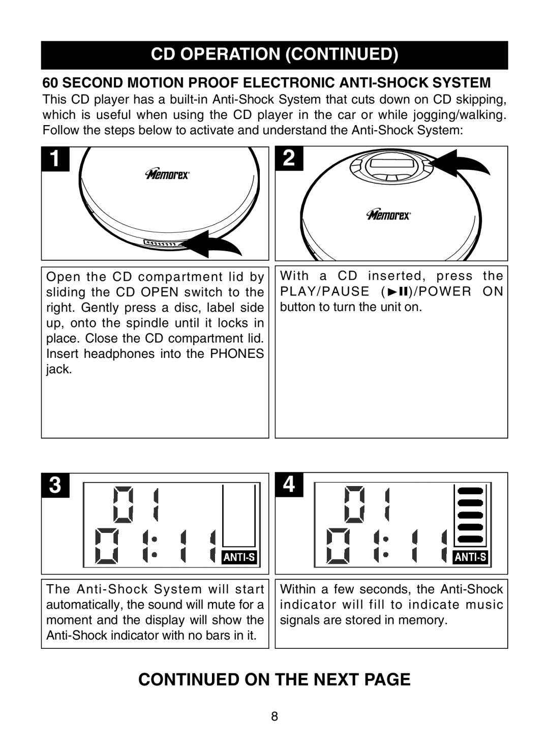 Memorex MD6483 manual Cd Operation Continued, Continued On The Next Page 
