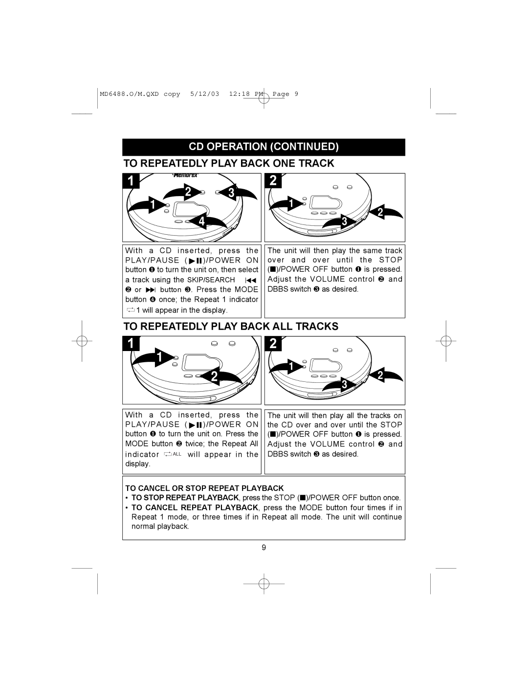 Memorex MD6488 manual To Repeatedly Play Back ONE Track, To Repeatedly Play Back ALL Tracks 