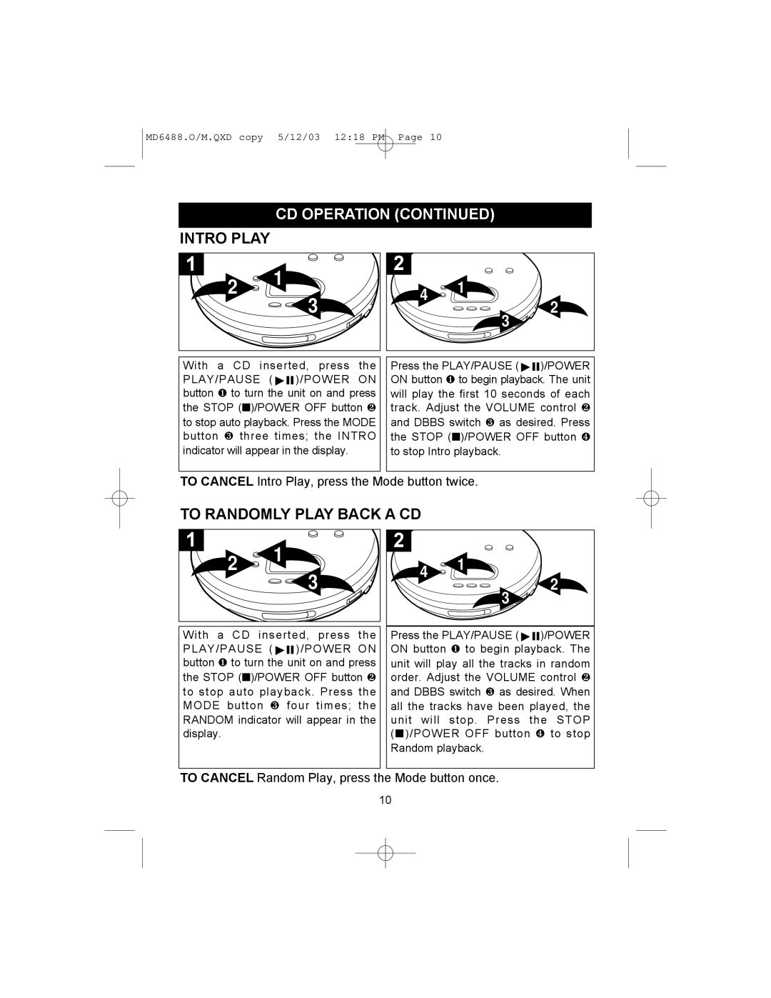 Memorex MD6488 manual Intro Play, To Randomly Play Back a CD 