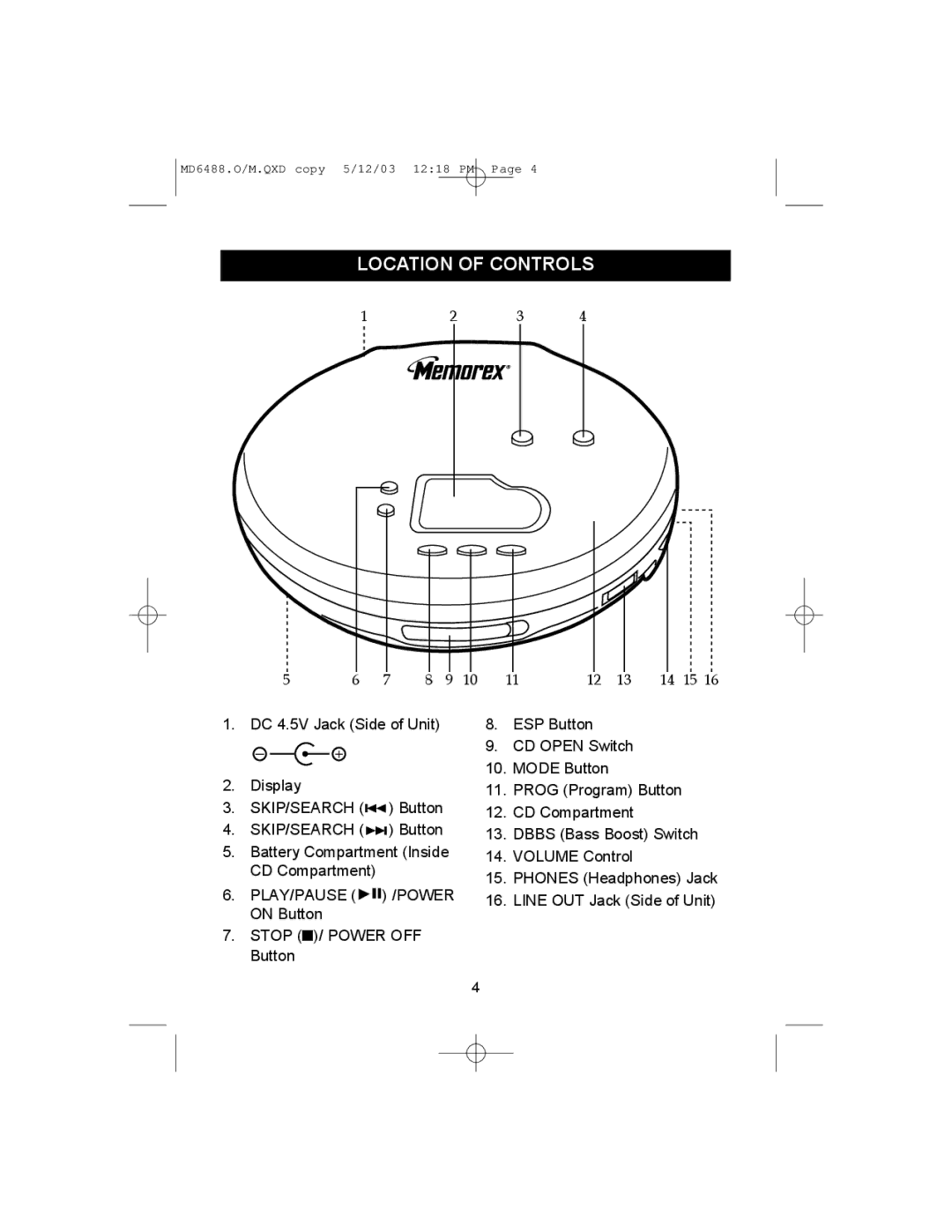 Memorex MD6488 manual Location of Controls, PLAY/PAUSE Power 