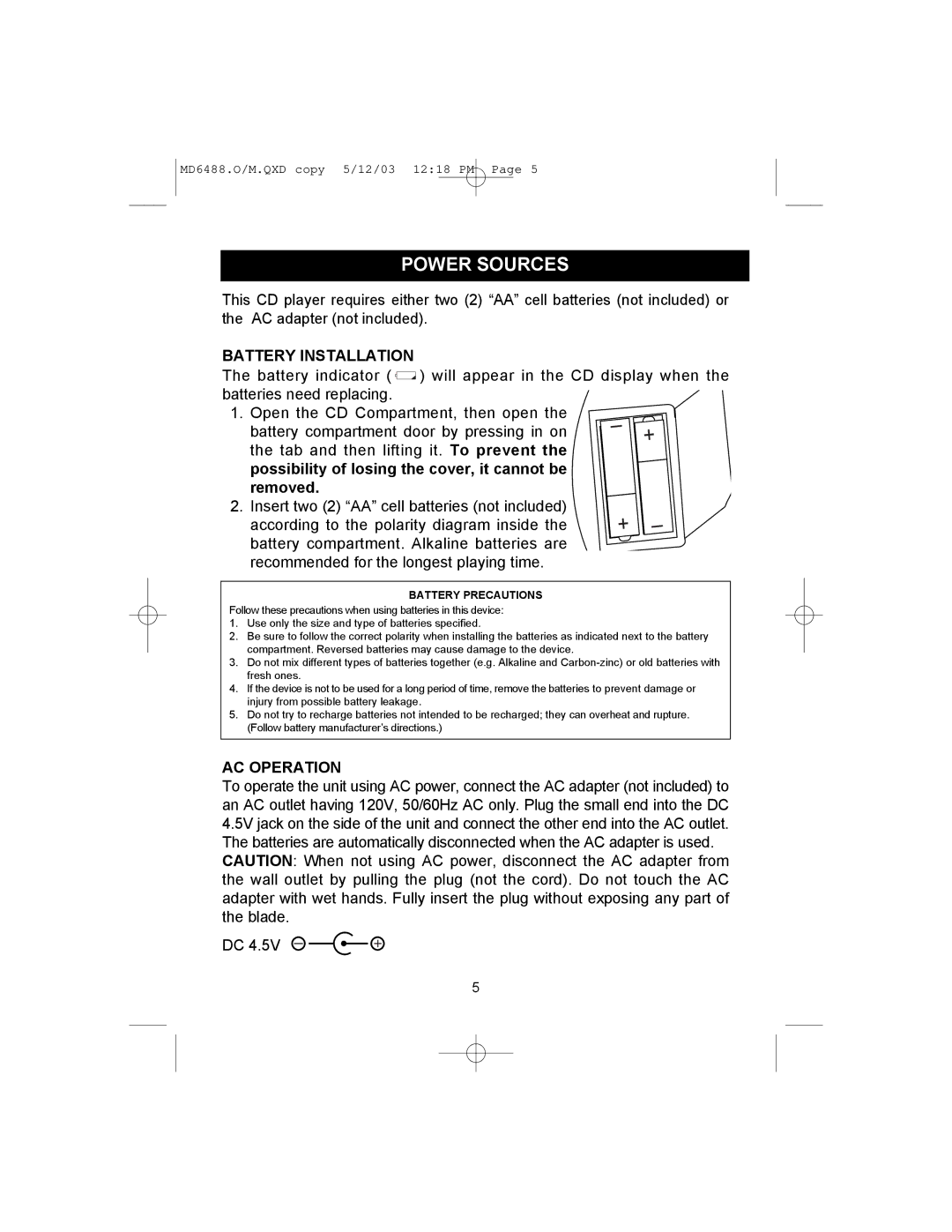 Memorex MD6488 manual Power Sources, Battery Installation, AC Operation 