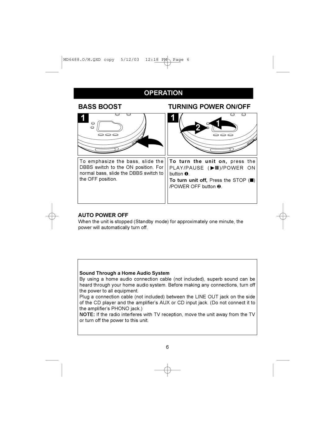 Memorex MD6488 manual Operation, Bass Boost, Auto Power OFF 