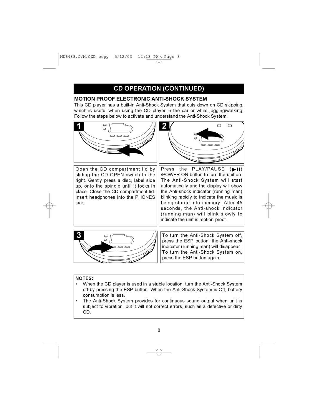 Memorex MD6488 manual Motion Proof Electronic ANTI-SHOCK System 