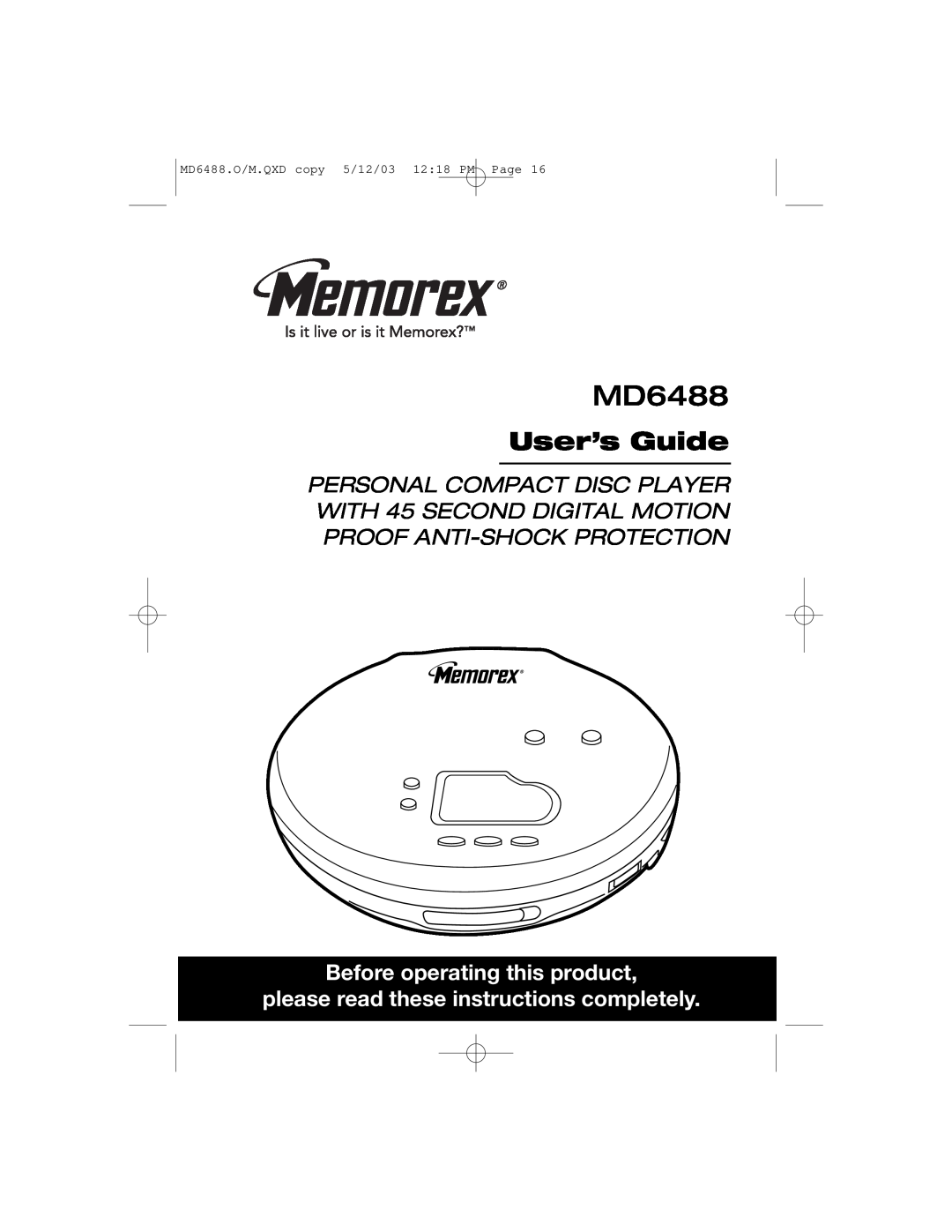 Memorex MD6488 manual Before operating this product, please read these instructions completely, User’s Guide 