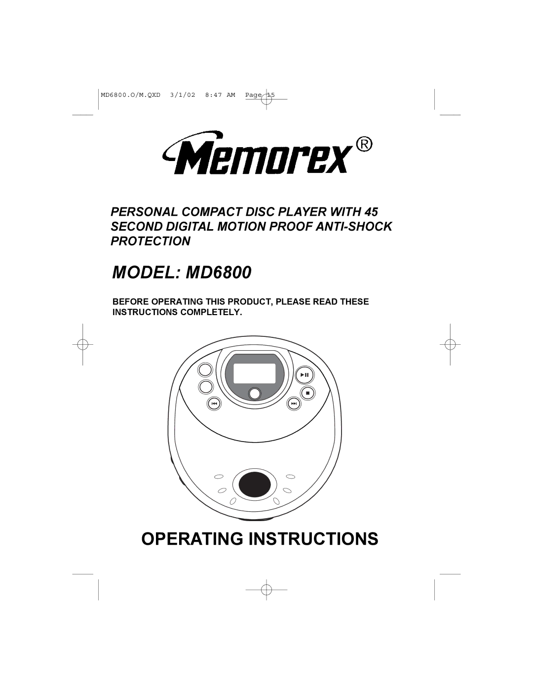 Memorex operating instructions Model MD6800 