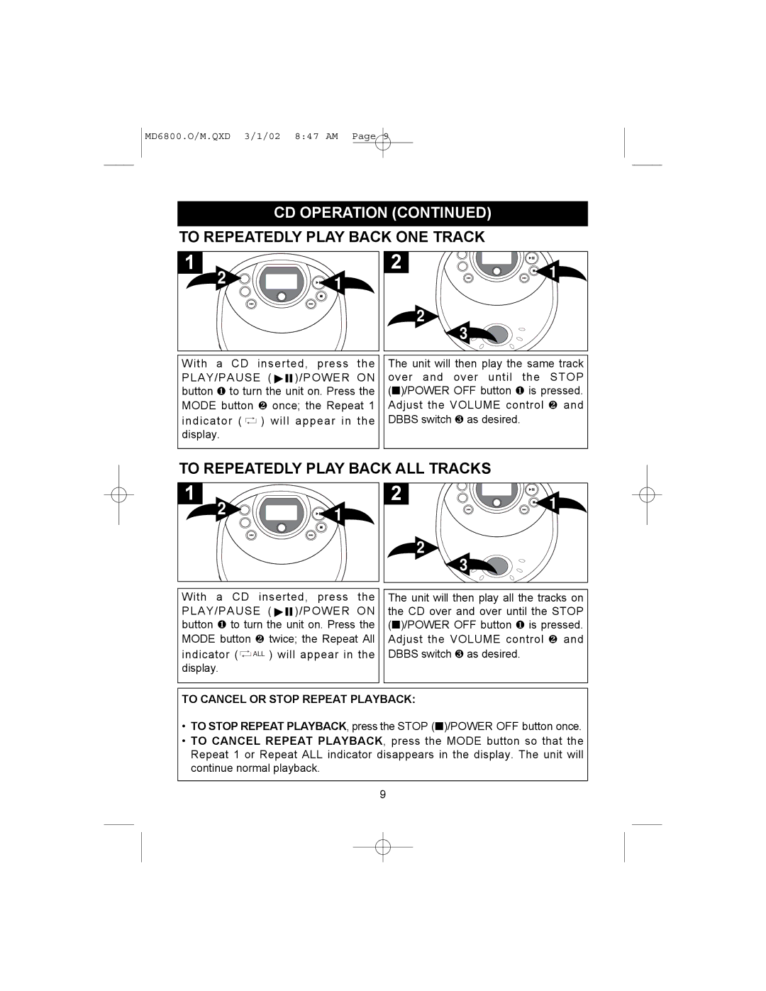 Memorex MD6800 operating instructions To Repeatedly Play Back ONE Track, To Repeatedly Play Back ALL Tracks 