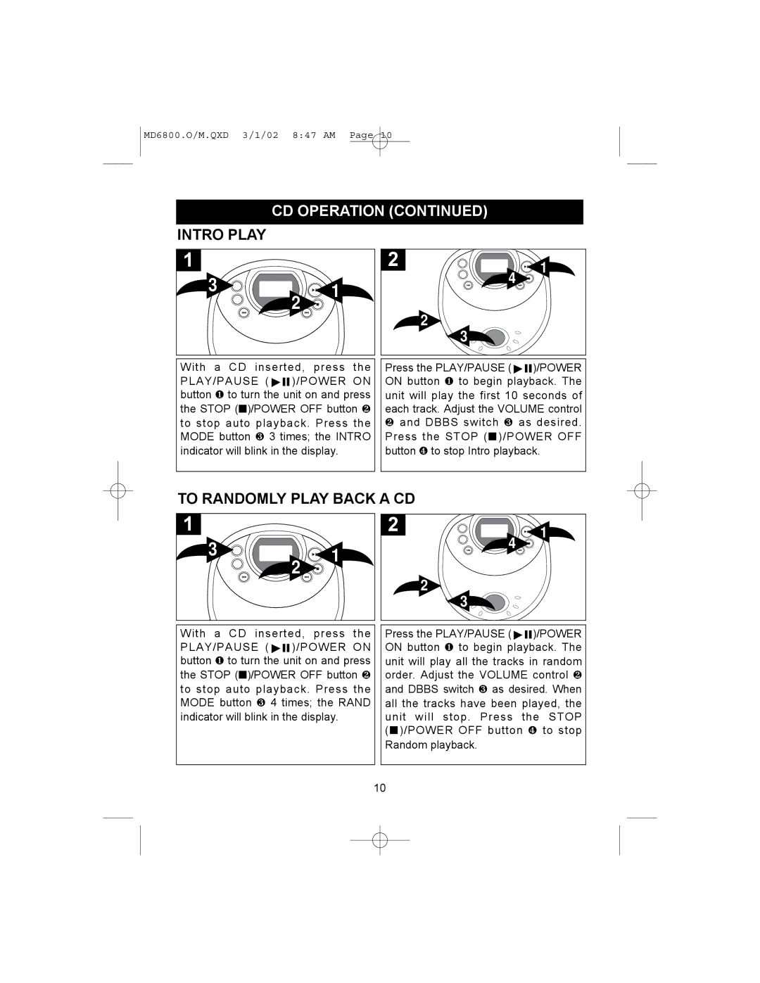 Memorex MD6800 operating instructions Intro Play, To Randomly Play Back a CD 