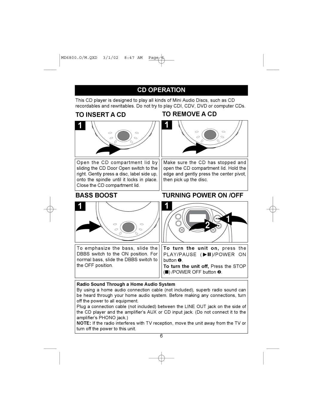 Memorex MD6800 operating instructions CD Operation, To Insert a CD, Bass Boost 