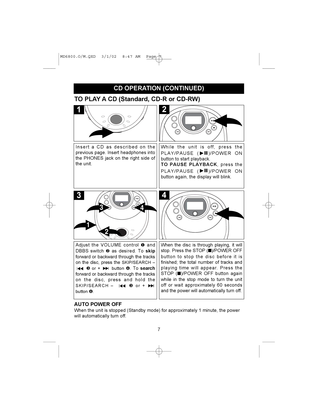 Memorex MD6800 operating instructions To Play a CD Standard, CD-R or CD-RW, Auto Power OFF 