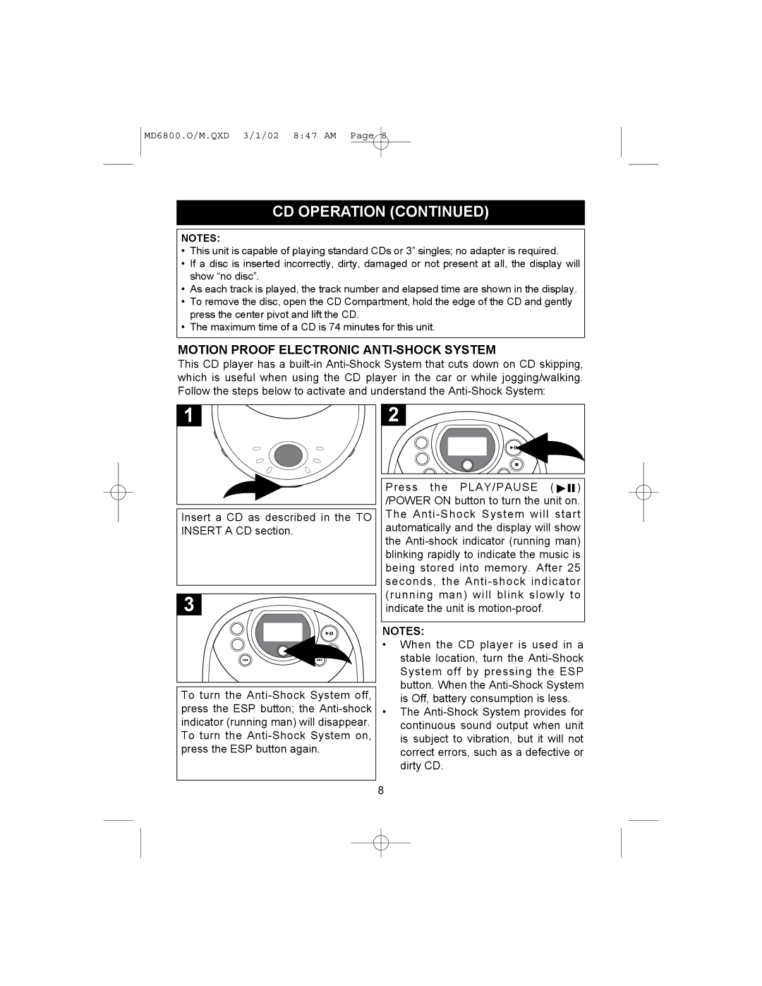 Memorex MD6800 operating instructions Motion Proof Electronic ANTI-SHOCK System 