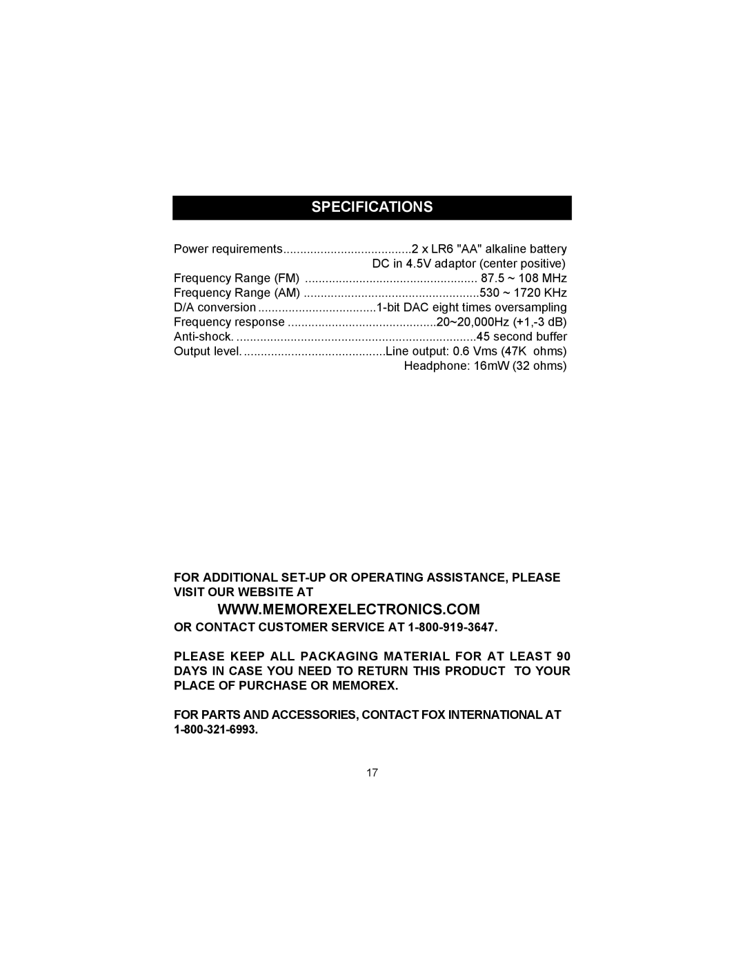 Memorex MD6810PLL manual Specifications 