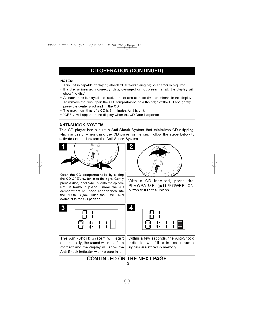 Memorex MD6810PLL manual On the Next, ANTI-SHOCK System 