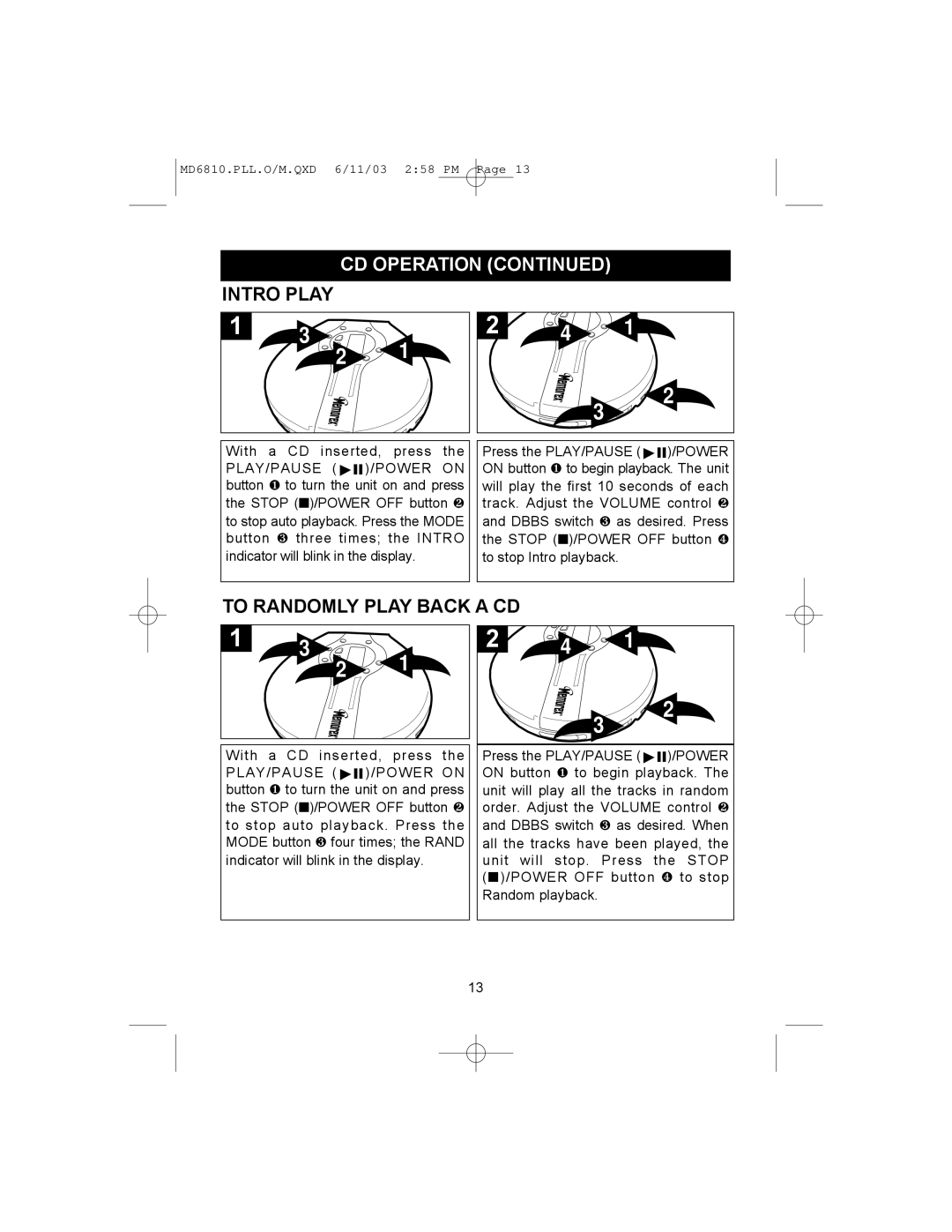 Memorex MD6810PLL manual Intro Play, To Randomly Play Back a CD 