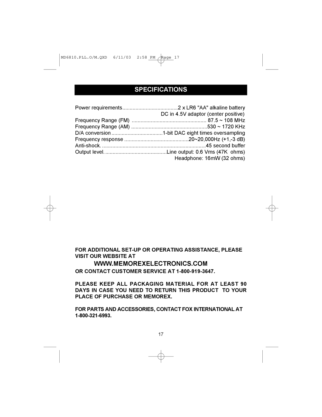 Memorex MD6810PLL manual Specifications 