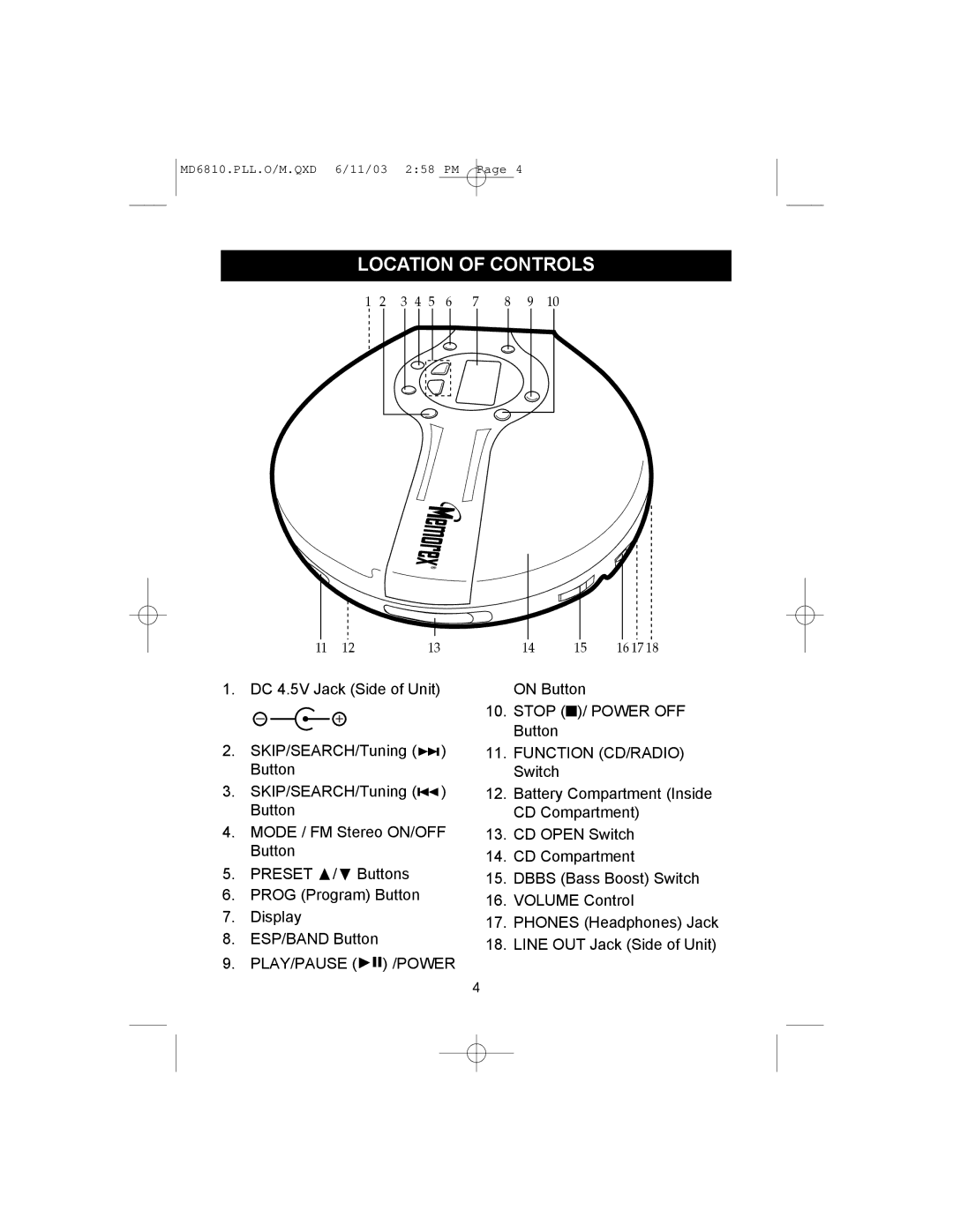 Memorex MD6810PLL manual Location of Controls, Function CD/RADIO 