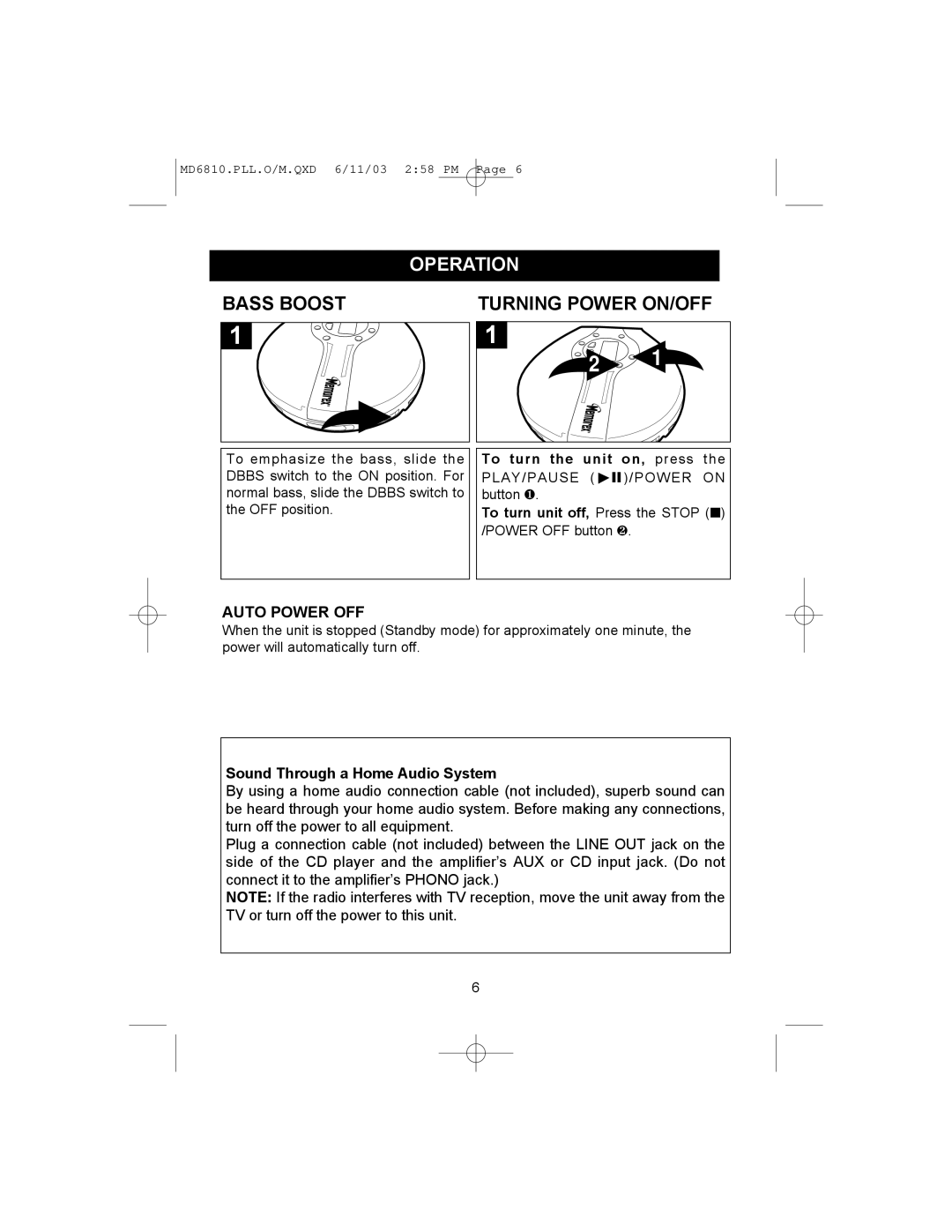 Memorex MD6810PLL manual Operation, Bass Boost, Auto Power OFF 