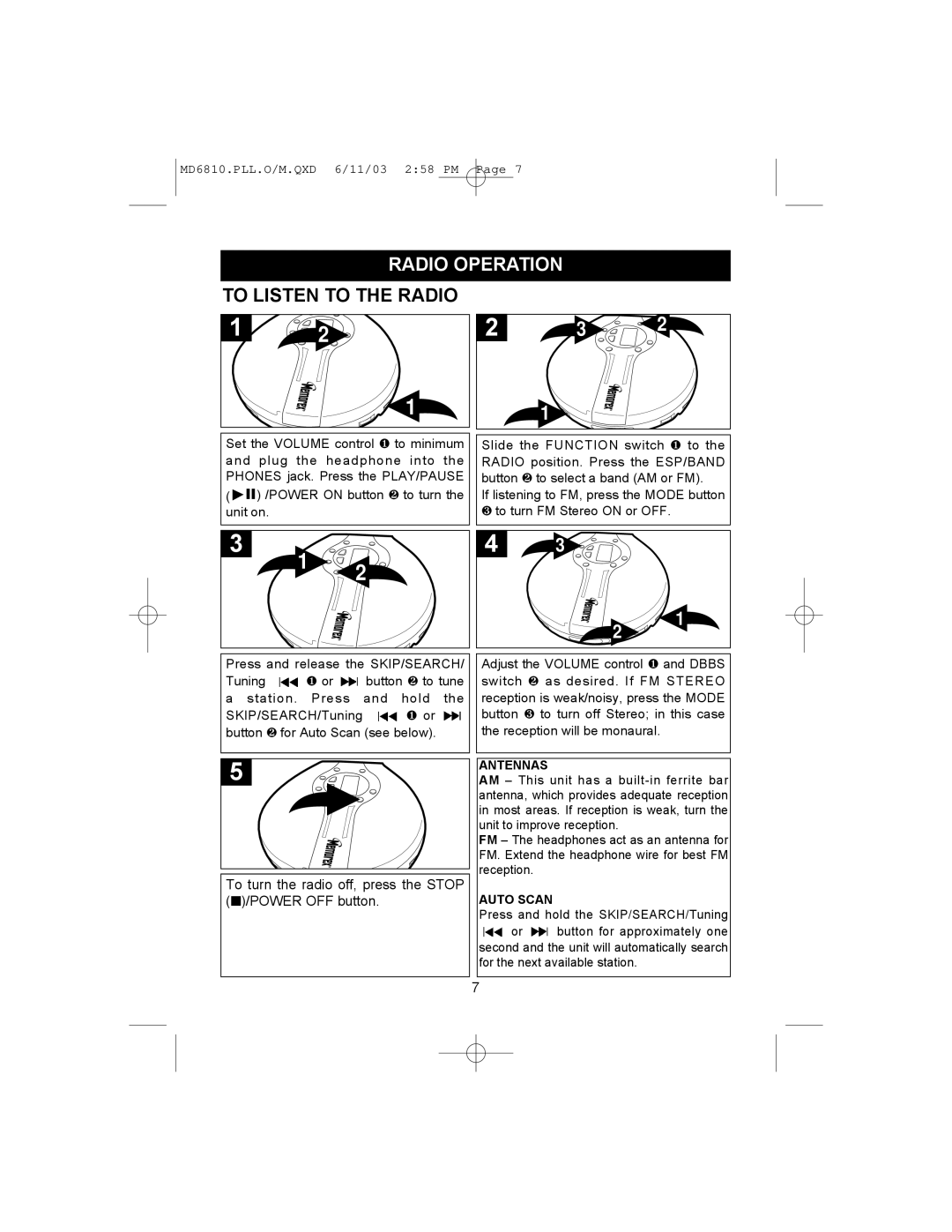 Memorex MD6810PLL manual Radio Operation To Listen to the Radio, To turn the radio off, press the Stop /POWER OFF button 
