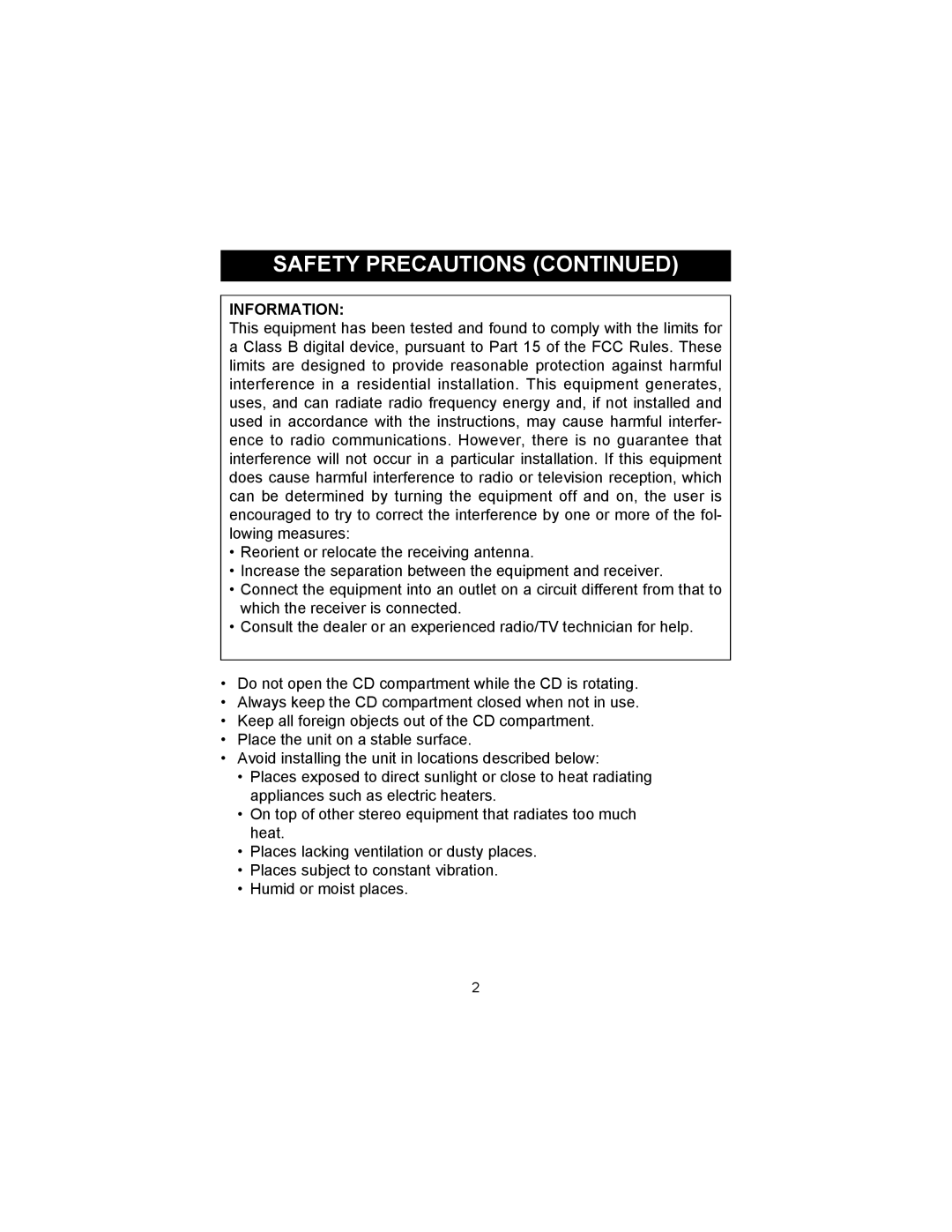 Memorex MD6810PLL manual Safety Precautions Continued, Information 