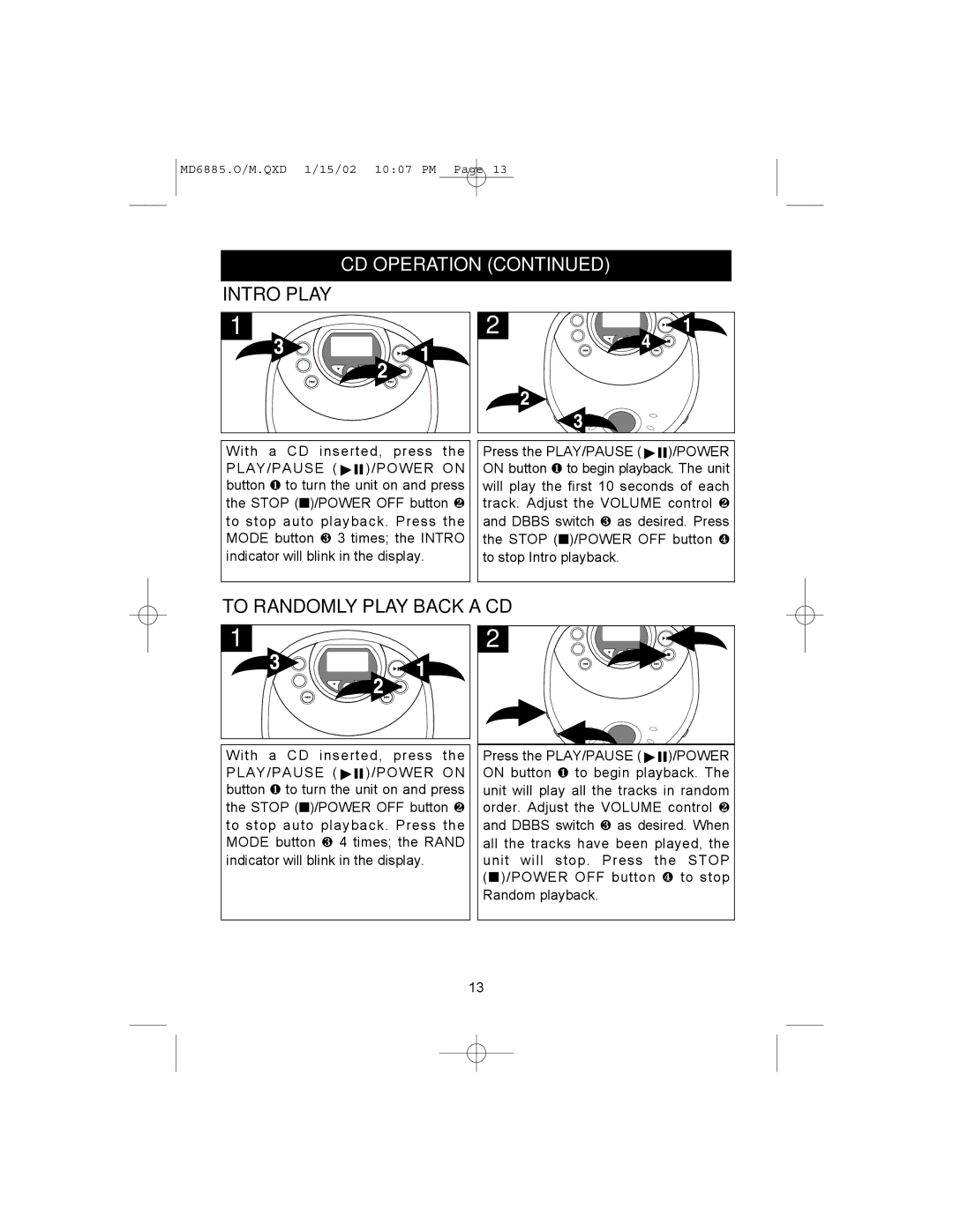 Memorex MD6868 manual Intro Play, To Randomly Play Back a CD 