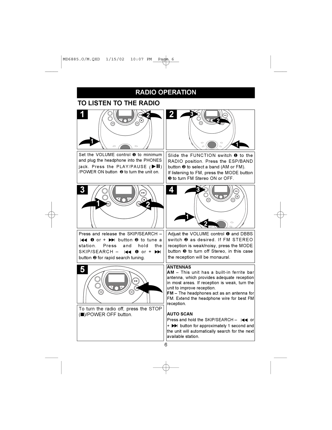 Memorex MD6868 manual 132, Radio Operation To Listen to the Radio 