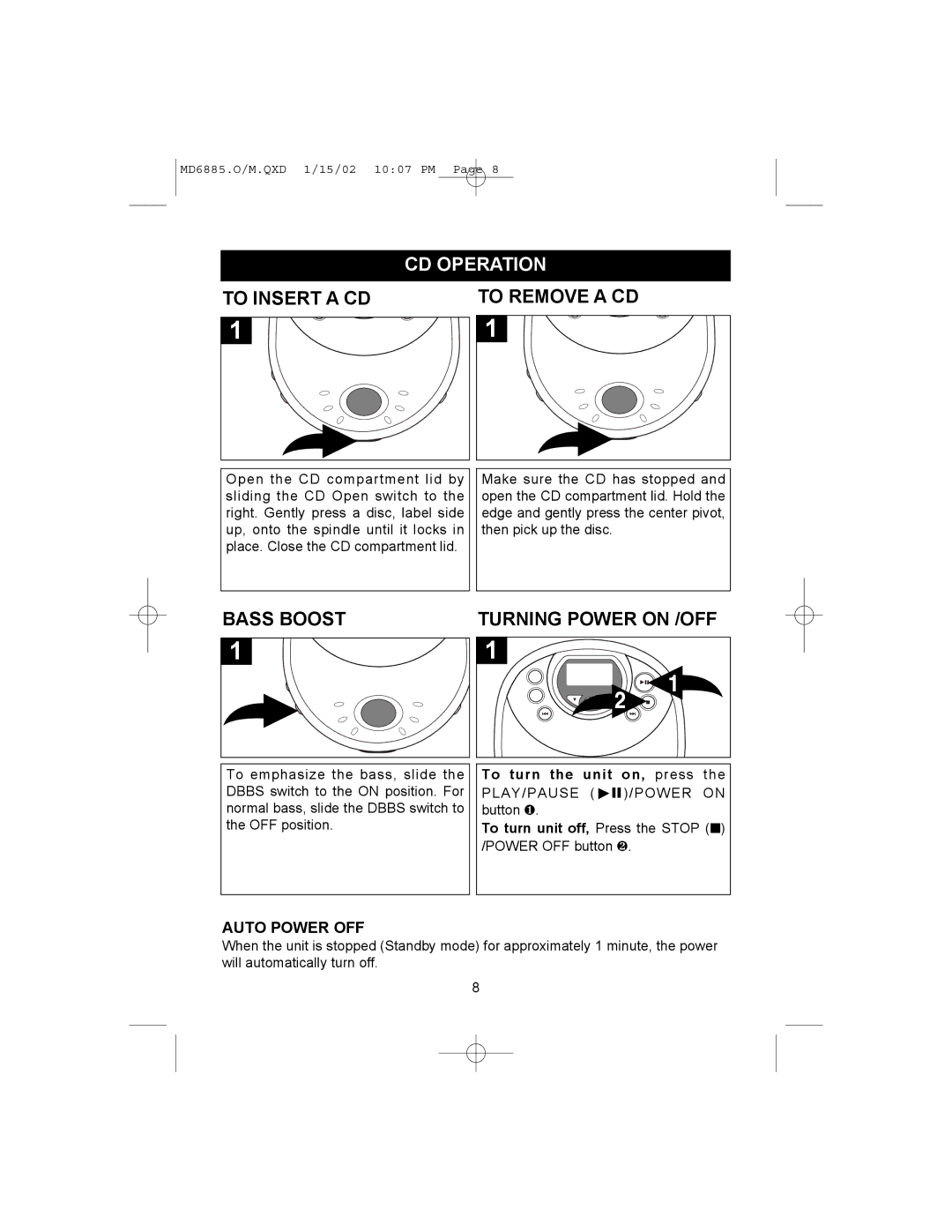 Memorex MD6868 manual CD Operation, To Insert a CD, Bass Boost, Auto Power OFF 