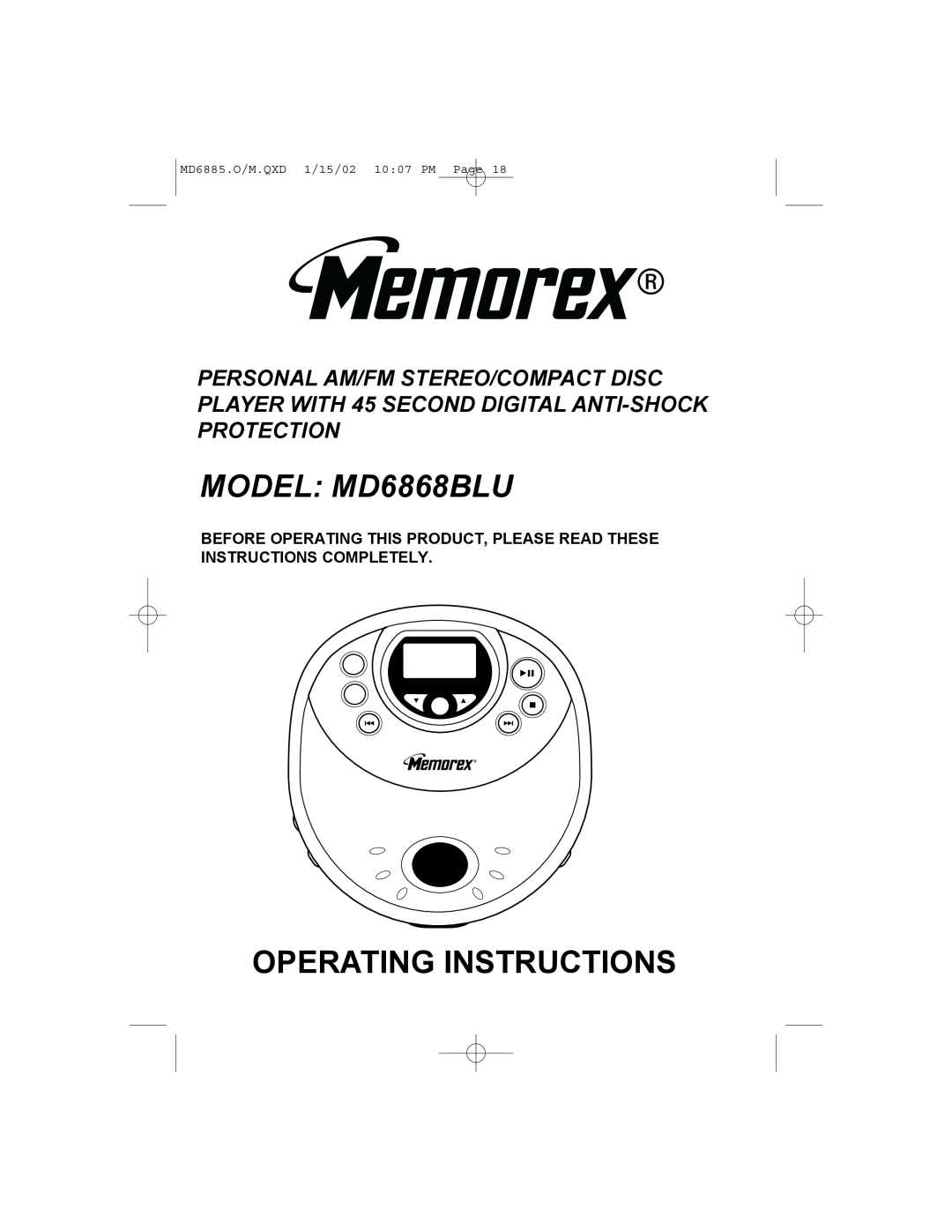 Memorex manual MODEL MD6868BLU, Operating Instructions, MD6885.O/M.QXD 1/15/02 10 07 PM Page 