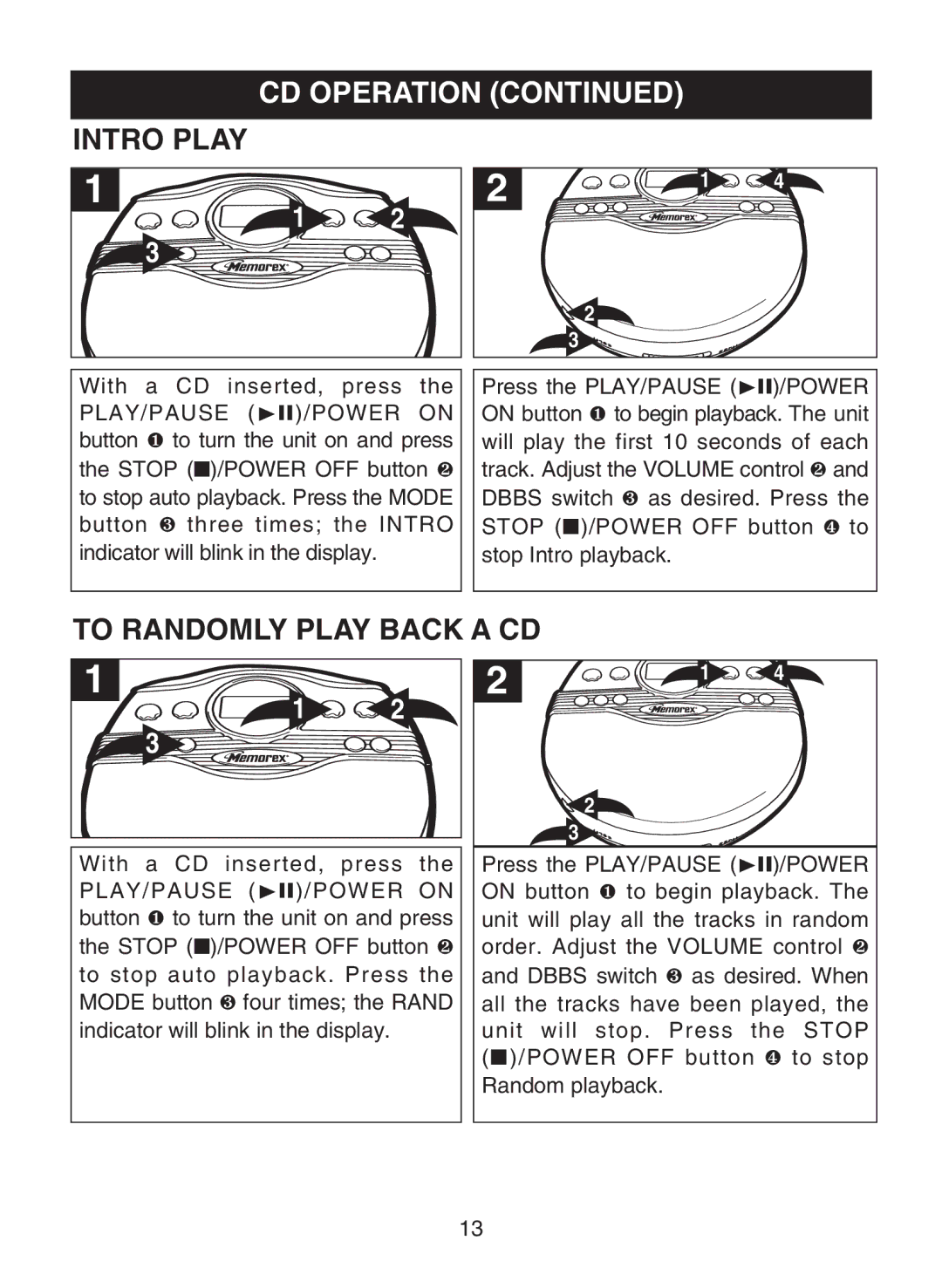 Memorex MD6882 manual Intro Play, To Randomly Play Back a CD 