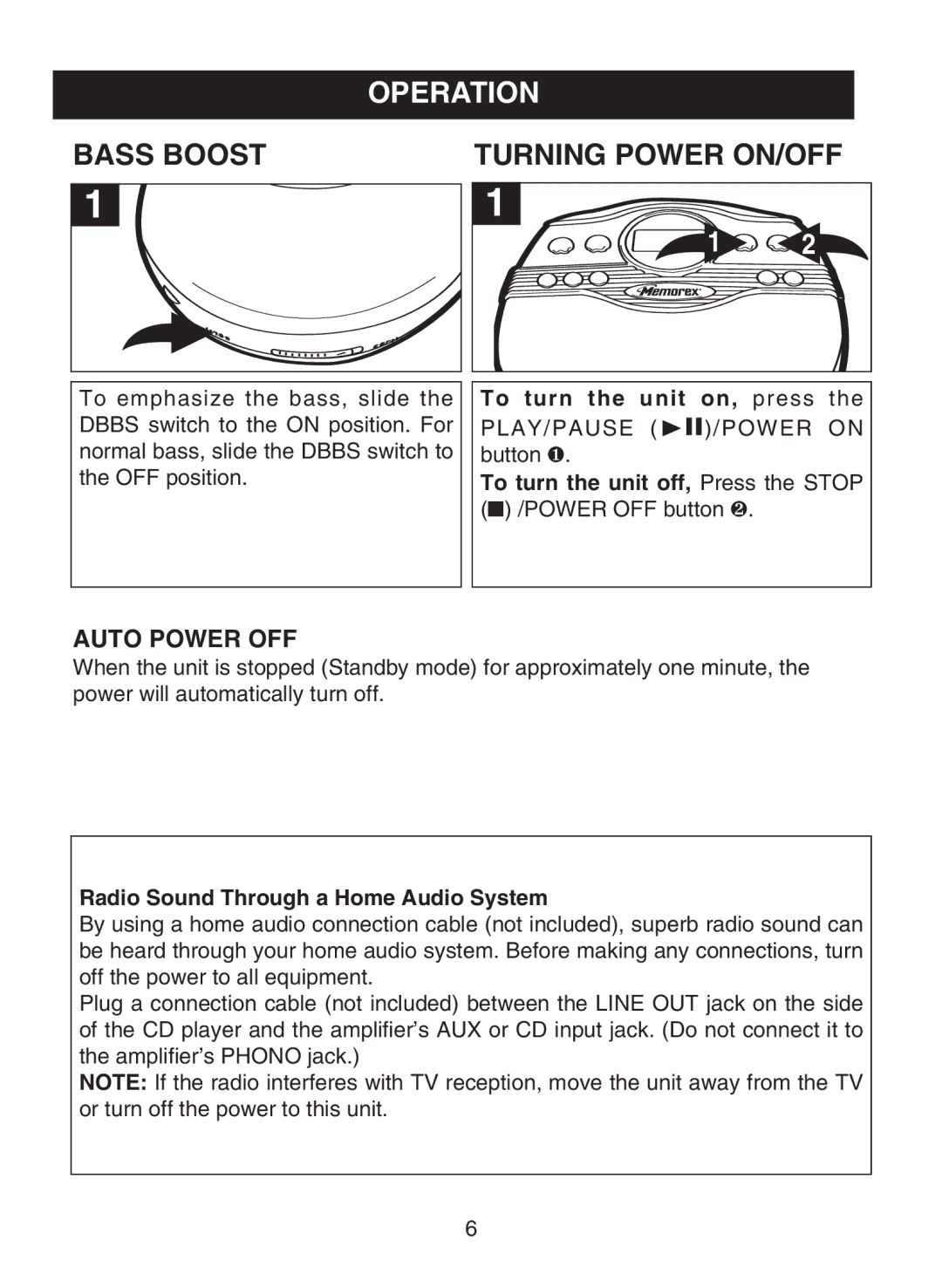 Memorex MD6882 manual Operation, Bass Boost, Auto Power OFF 