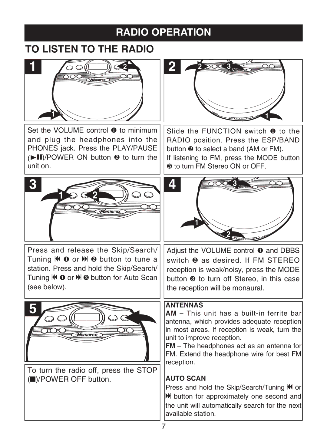 Memorex MD6882 manual Radio Operation To Listen to the Radio, To turn the radio off, press the Stop /POWER OFF button 