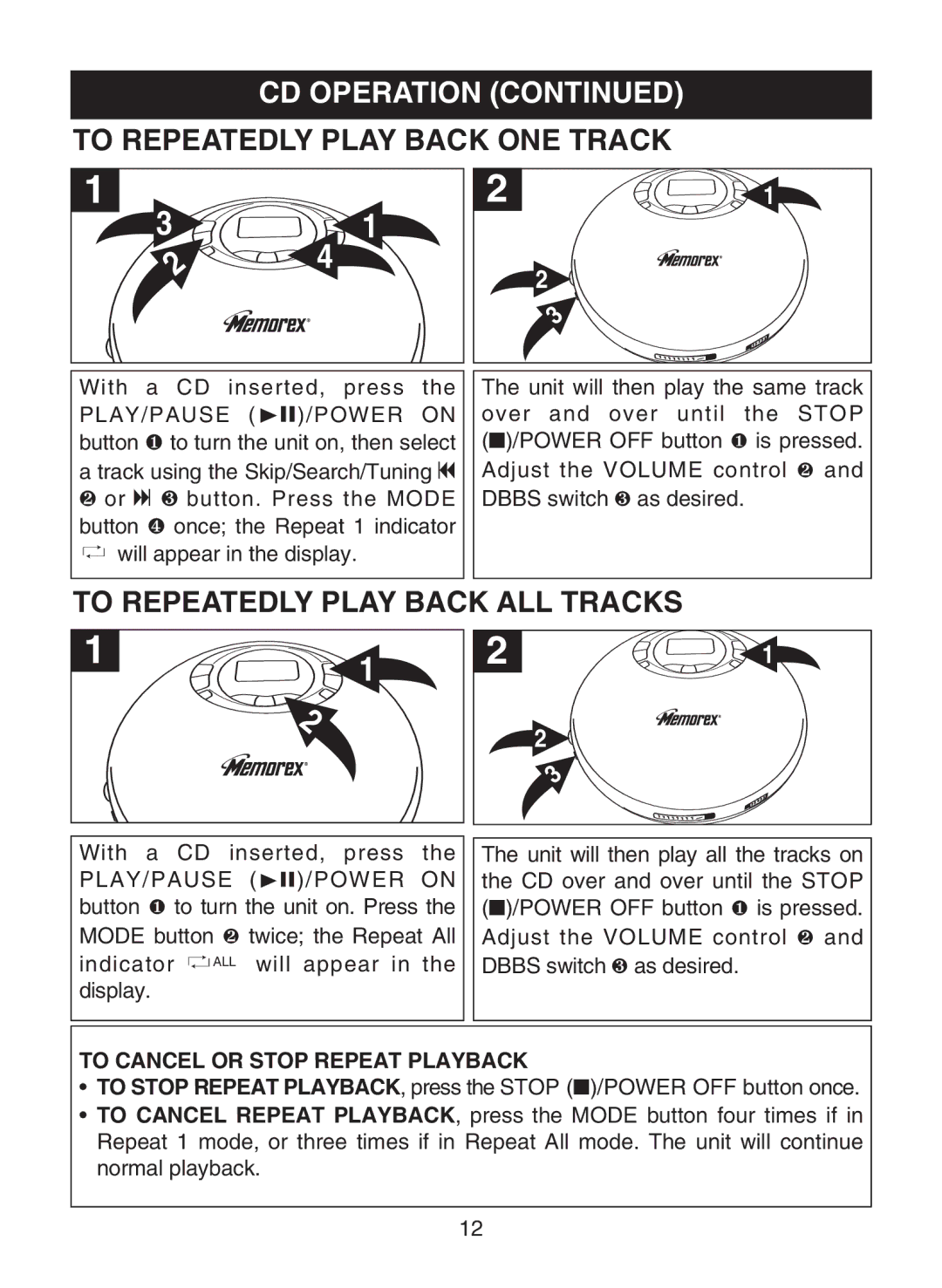 Memorex MD6883 manual To Repeatedly Play Back ONE Track, To Repeatedly Play Back ALL Tracks 