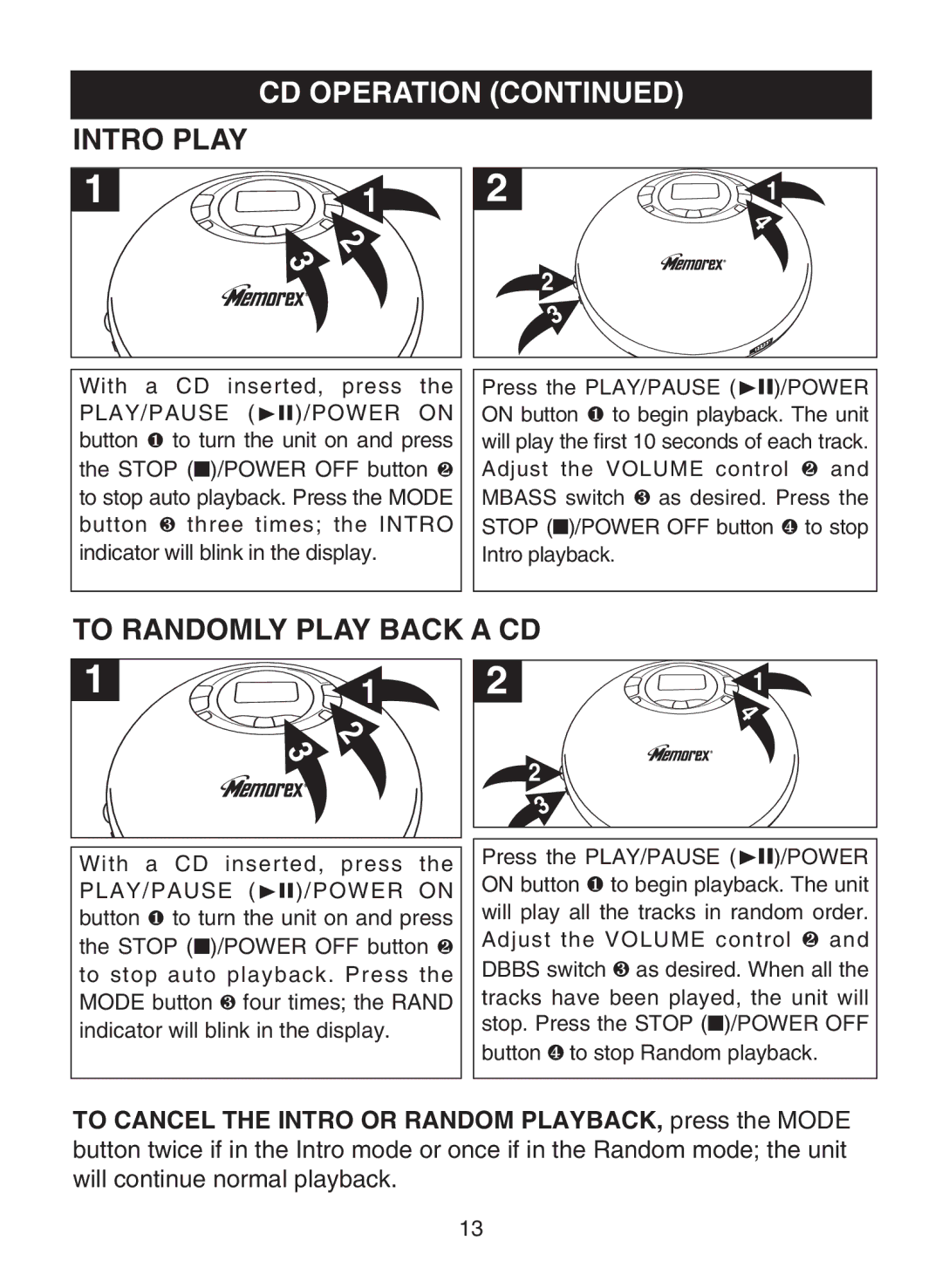 Memorex MD6883 manual Intro Play, To Randomly Play Back a CD 