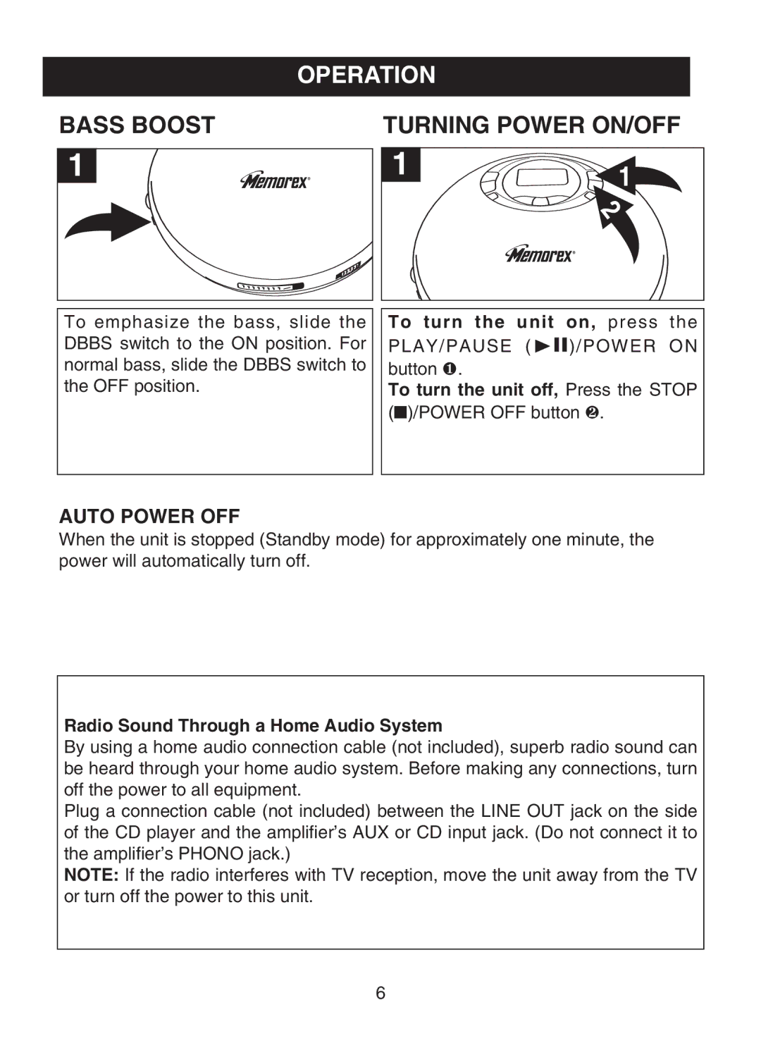 Memorex MD6883 manual Operation, Bass Boost, Auto Power OFF 