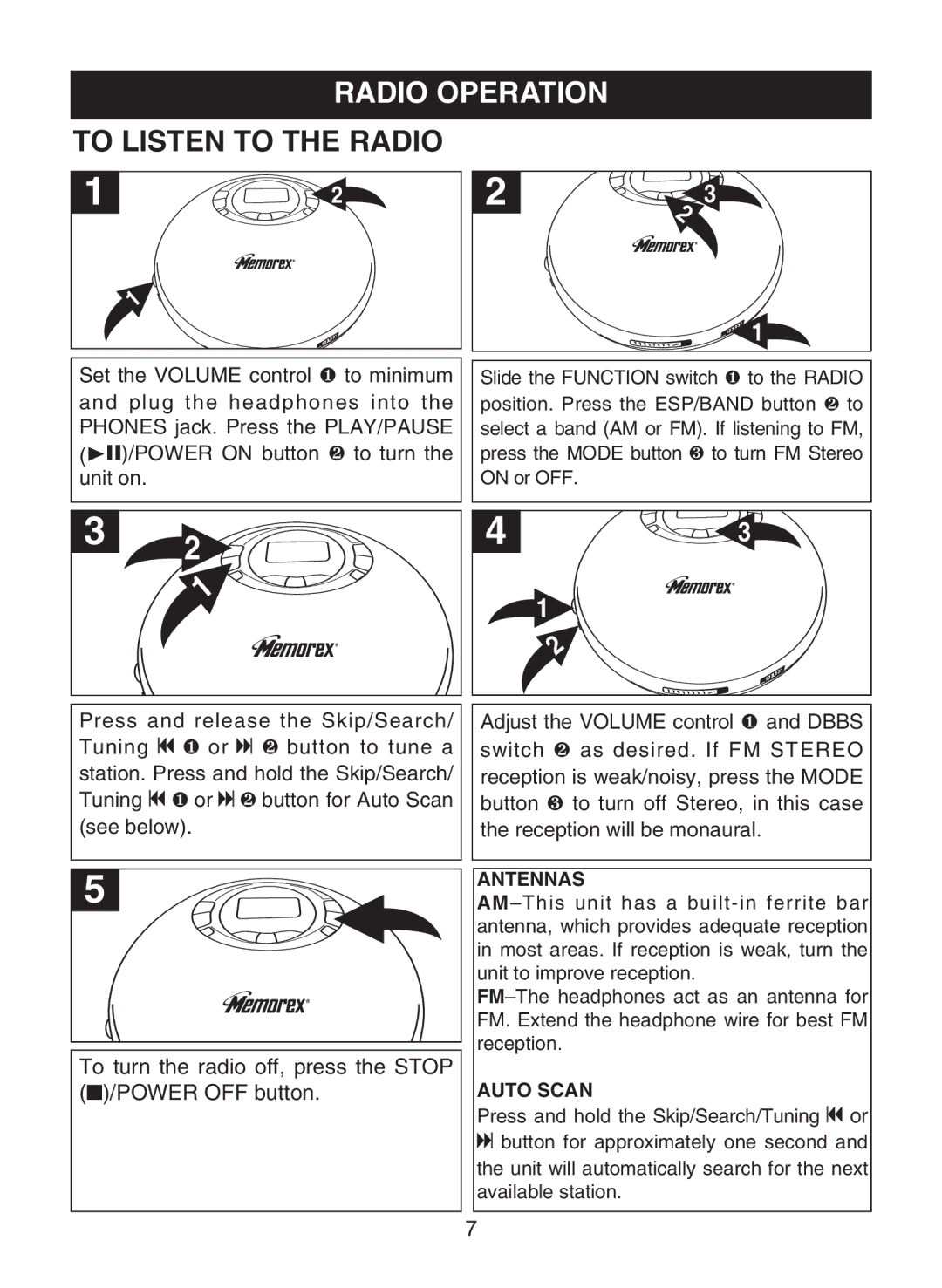 Memorex MD6883 manual Radio Operation To Listen to the Radio, To turn the radio off, press the Stop /POWER OFF button 