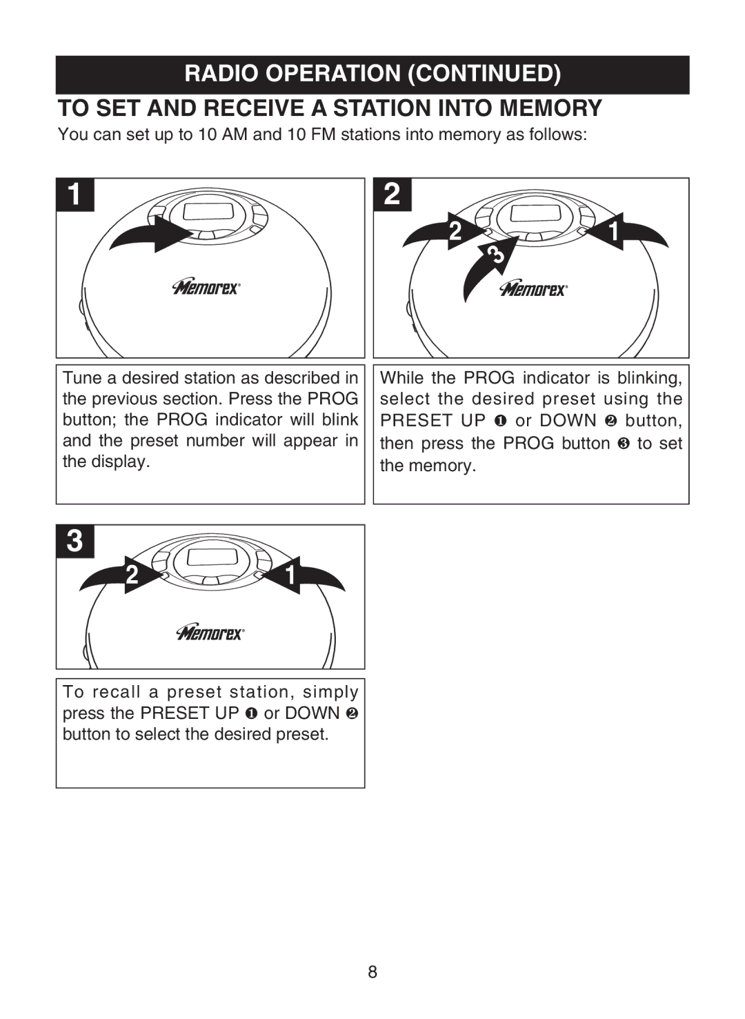 Memorex MD6883 manual Radio Operation, To SET and Receive a Station Into Memory 