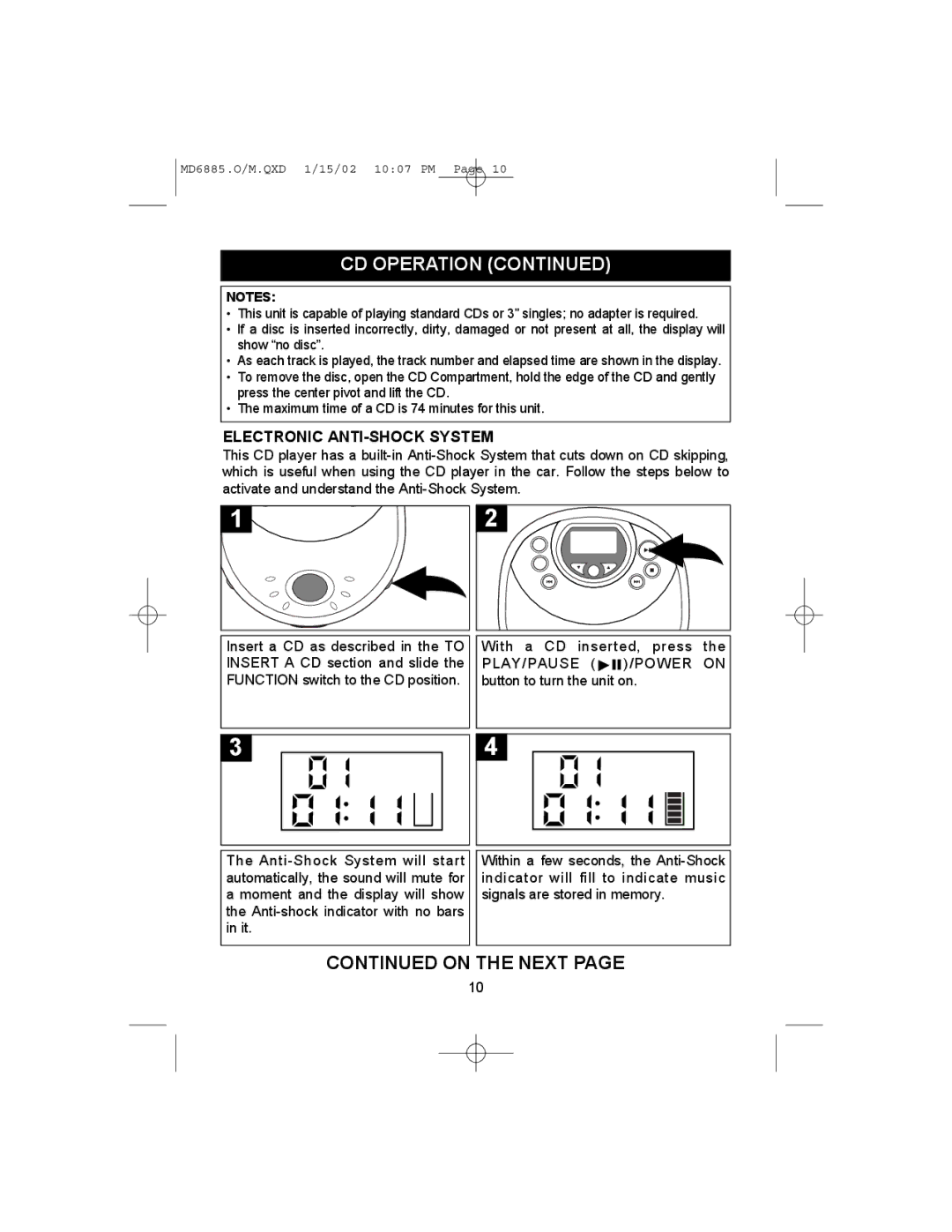 Memorex MD6885 operating instructions On the Next, Electronic ANTI-SHOCK System 